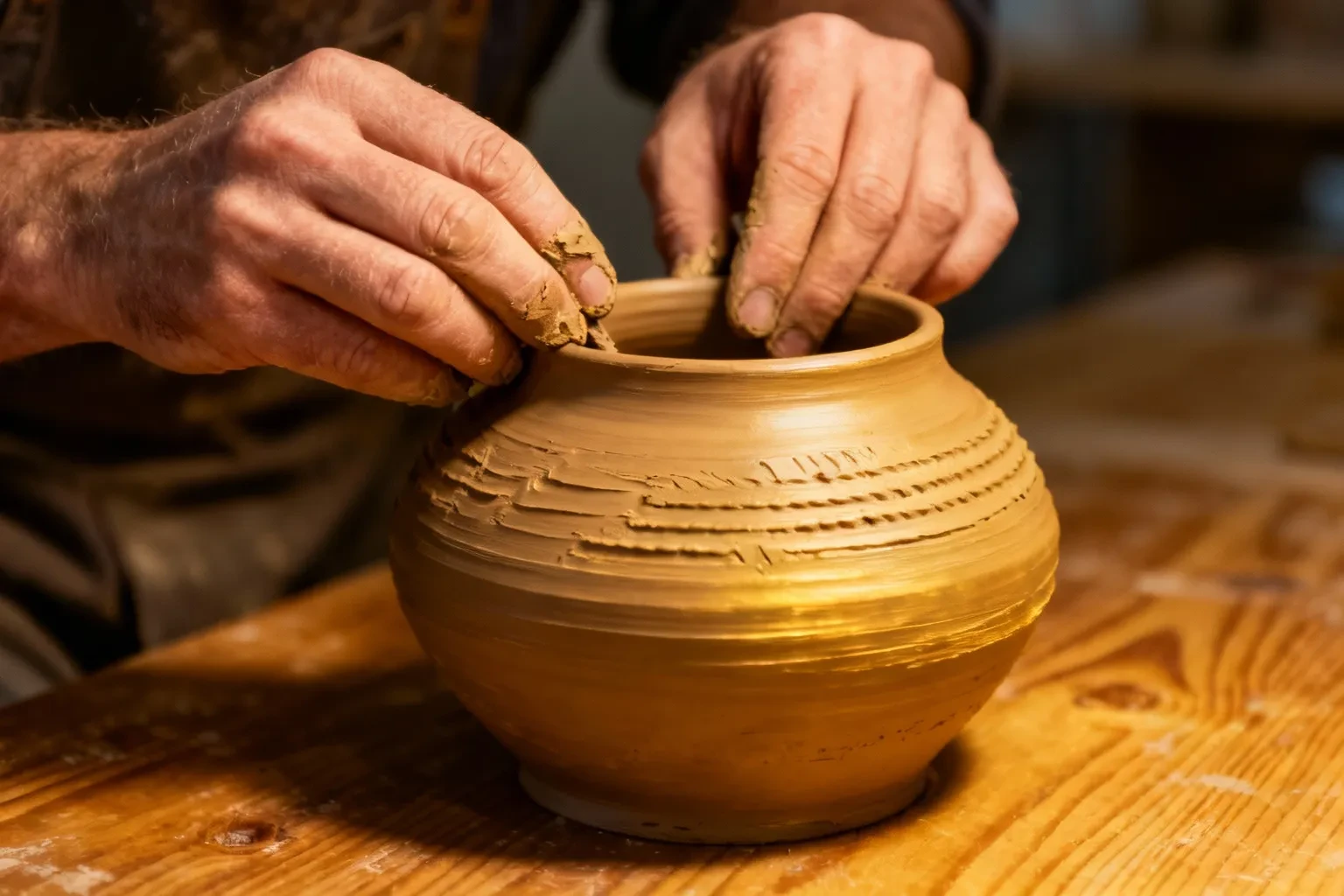 Mains d'artisan modelant une pièce de céramique sur un tour de potier en bois, texture argileuse visible