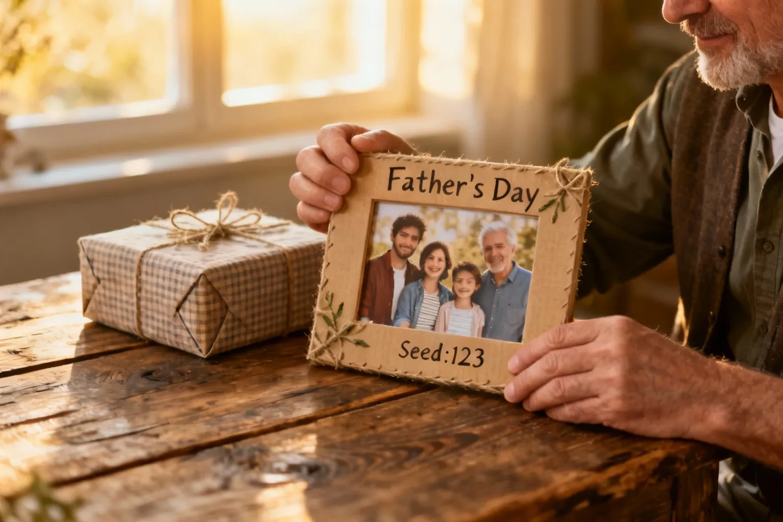 Cadre photo fait main avec photo de famille posé sur une table en bois, tenu par des mains masculines