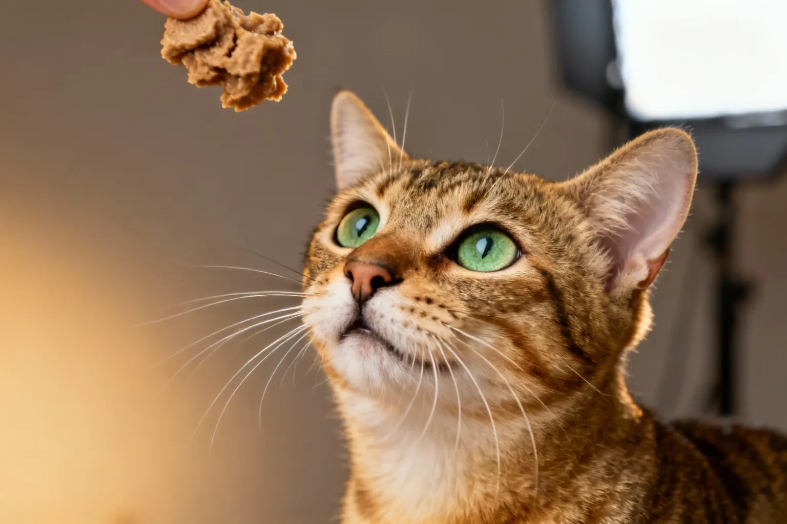 Portrait d'un chat européen aux yeux verts examinant une portion de nourriture maison pour chat