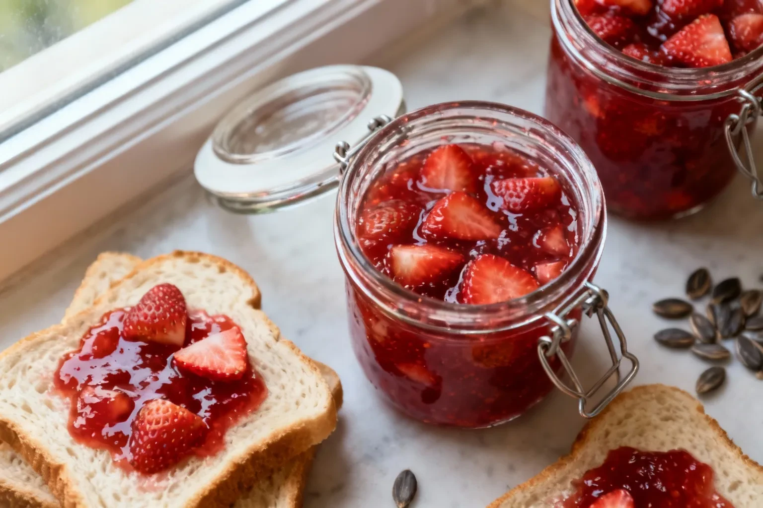 Confiture de fraise maison avec morceaux de fruits dans pots en verre accompagnée de tranches de pain frais