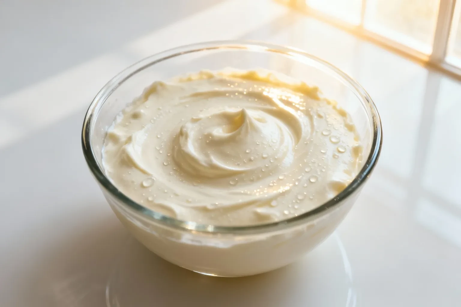 Crème fraîche maison avec une texture crémeuse dans un bol en verre éclairé par une lumière naturelle