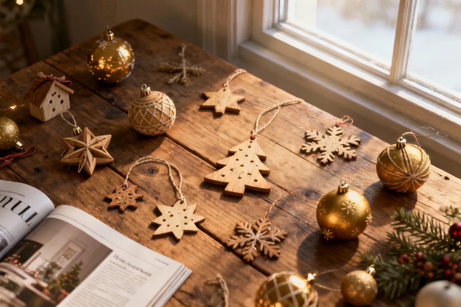 Vue en plongée de décorations de noël artisanales posées sur une table en bois avec éclairage naturel