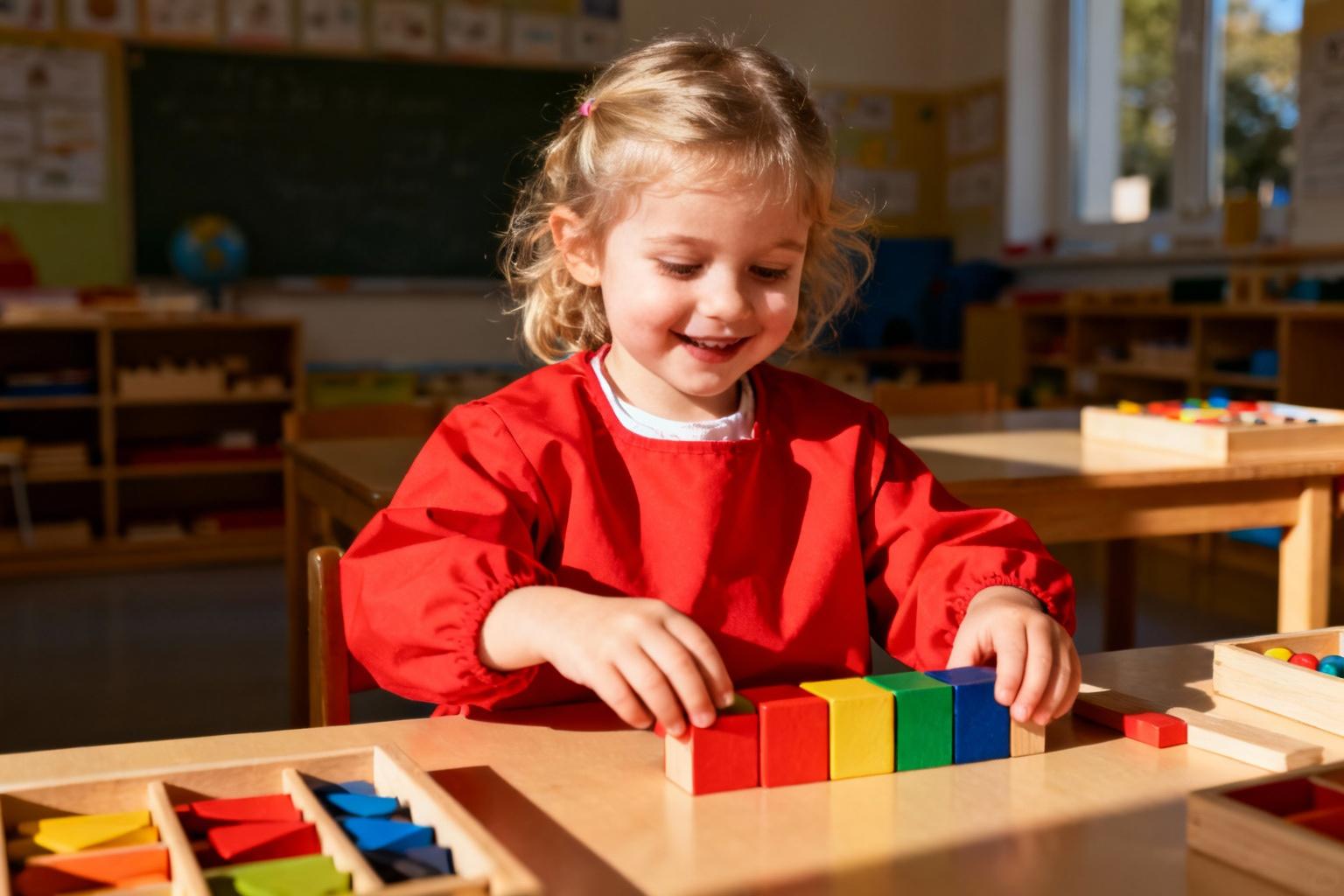 Fillette de 3 ans concentrée sur l'empilement de blocs en bois colorés dans une classe Montessori ensoleillée