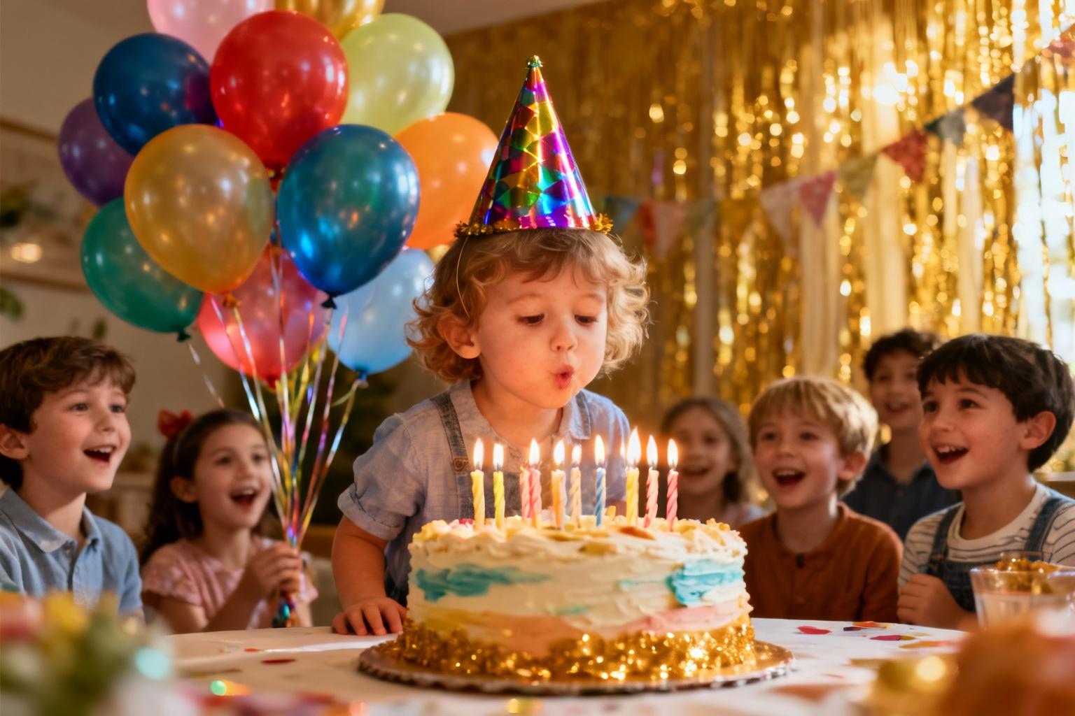 Jeune enfant soufflant les bougies de son gâteau d'anniversaire entouré de ballons multicolores et d'amis