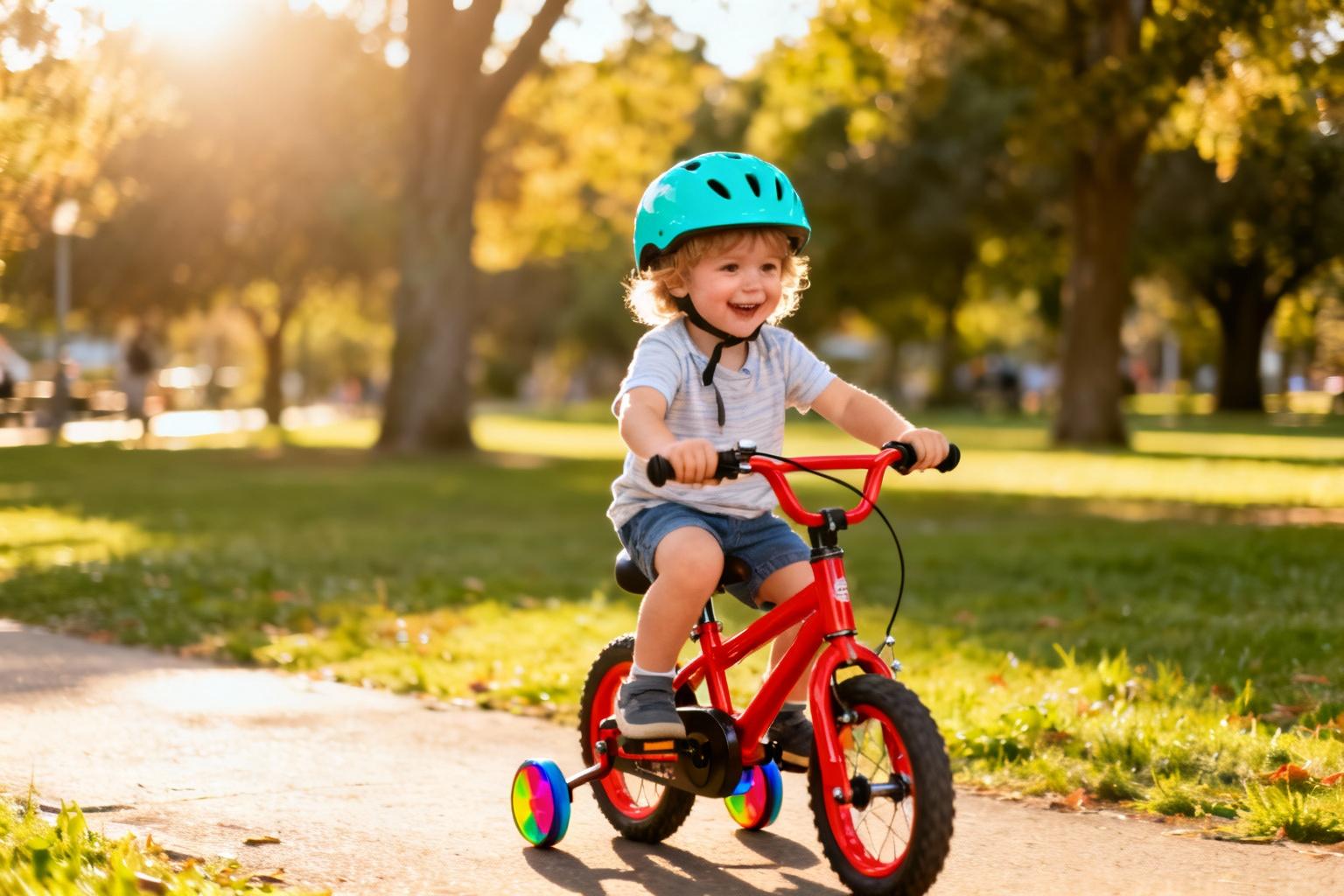 Jeune enfant de 3 ans sur un vélo rouge avec casque turquoise et petites roues dans un parc ensoleillé