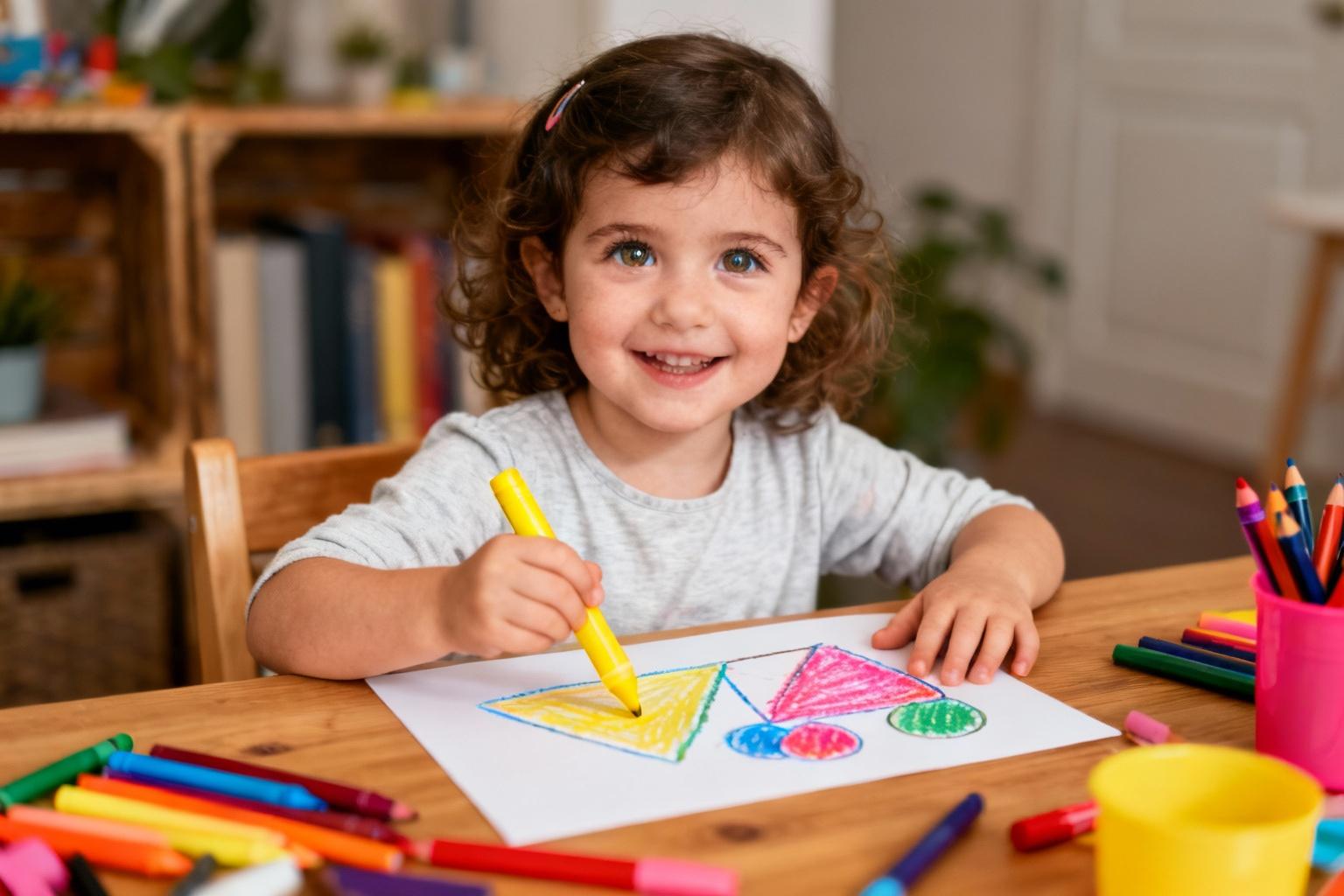 Petite fille de 3 ans aux yeux pétillants dessinant avec un crayon jaune sur une table en bois