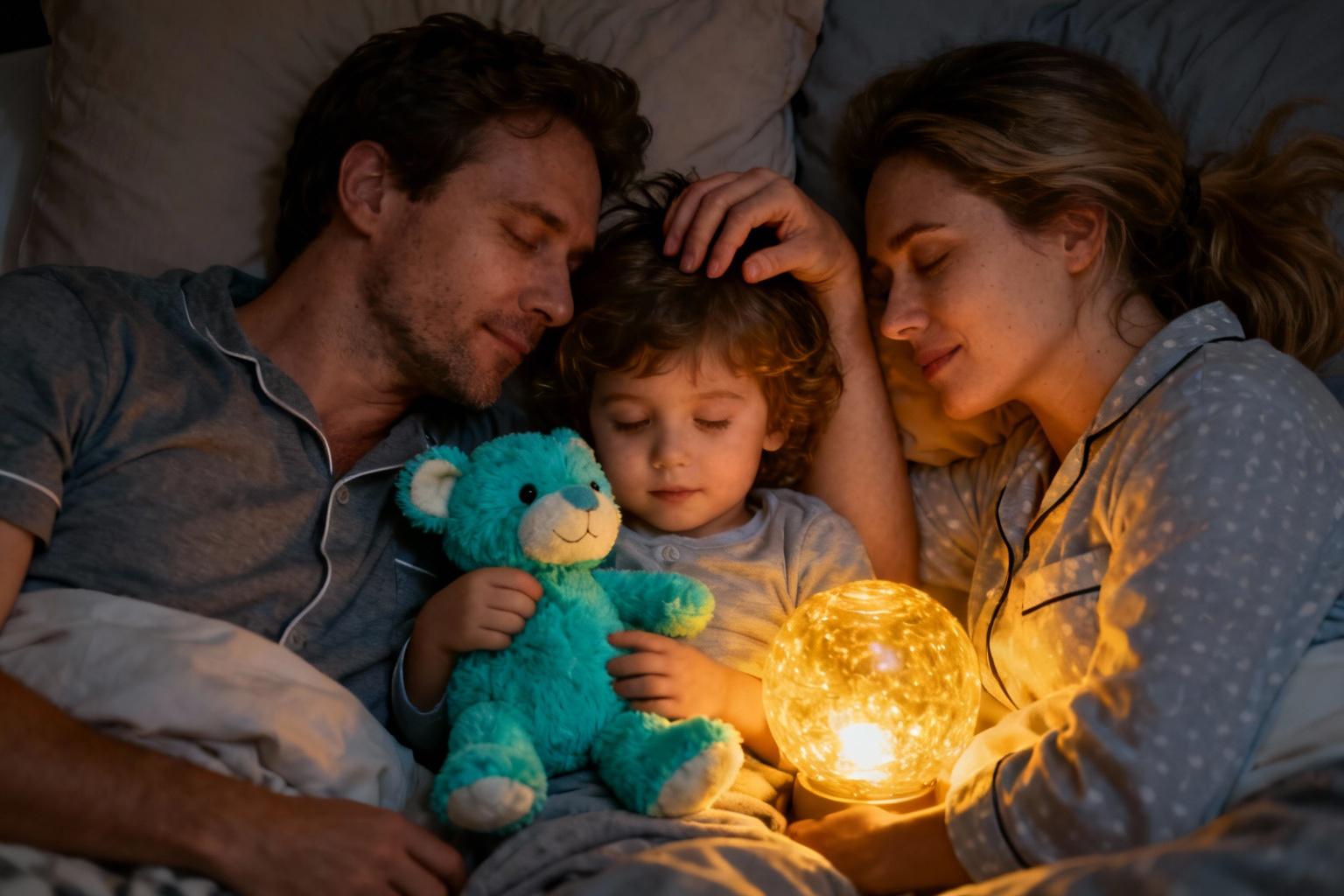 Enfant de 3 ans dormant paisiblement entre ses parents, éclairé par une veilleuse dorée avec une peluche turquoise