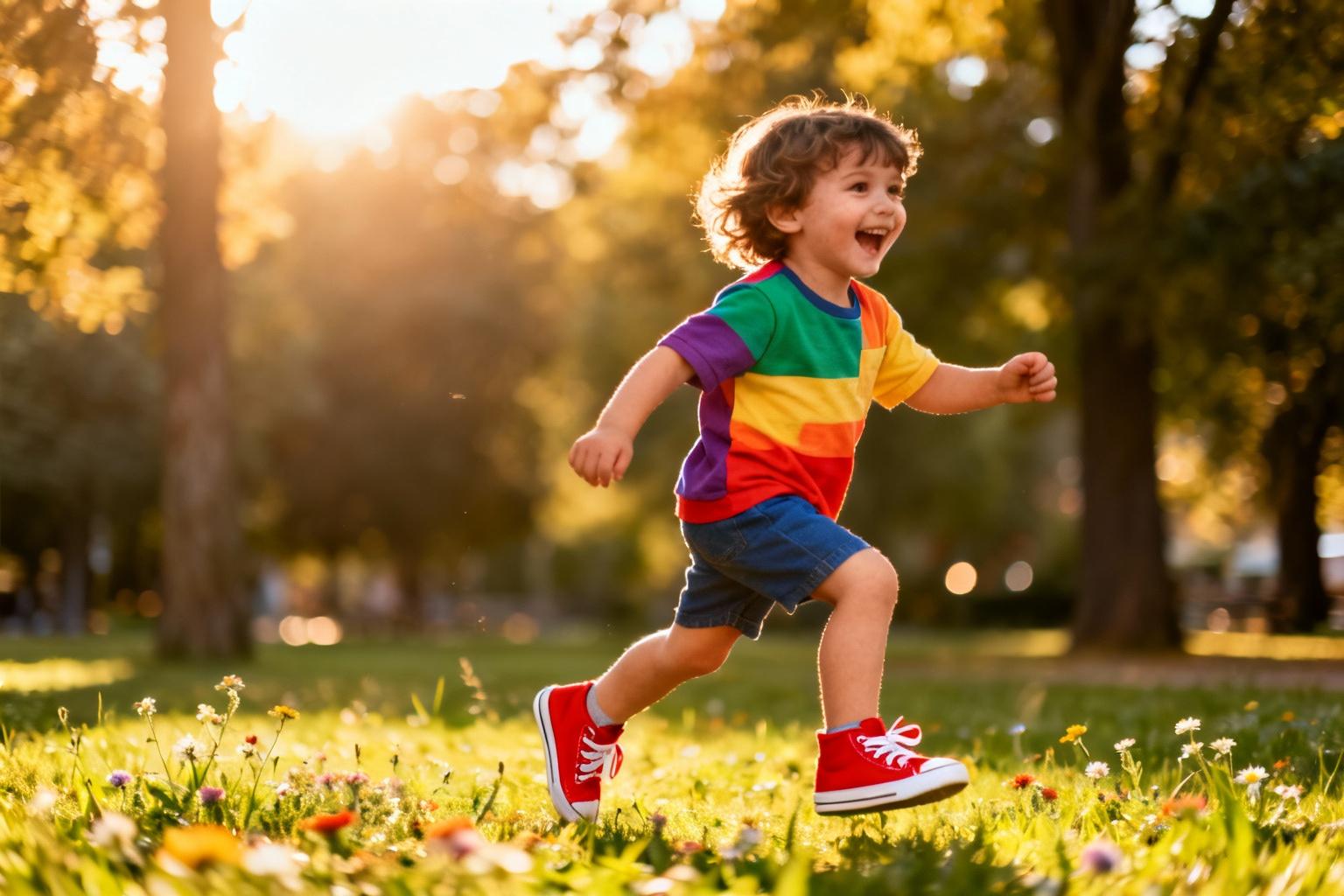 Jeune enfant heureux habillé de vêtements colorés avec des baskets rouges, jouant dans un parc ensoleillé