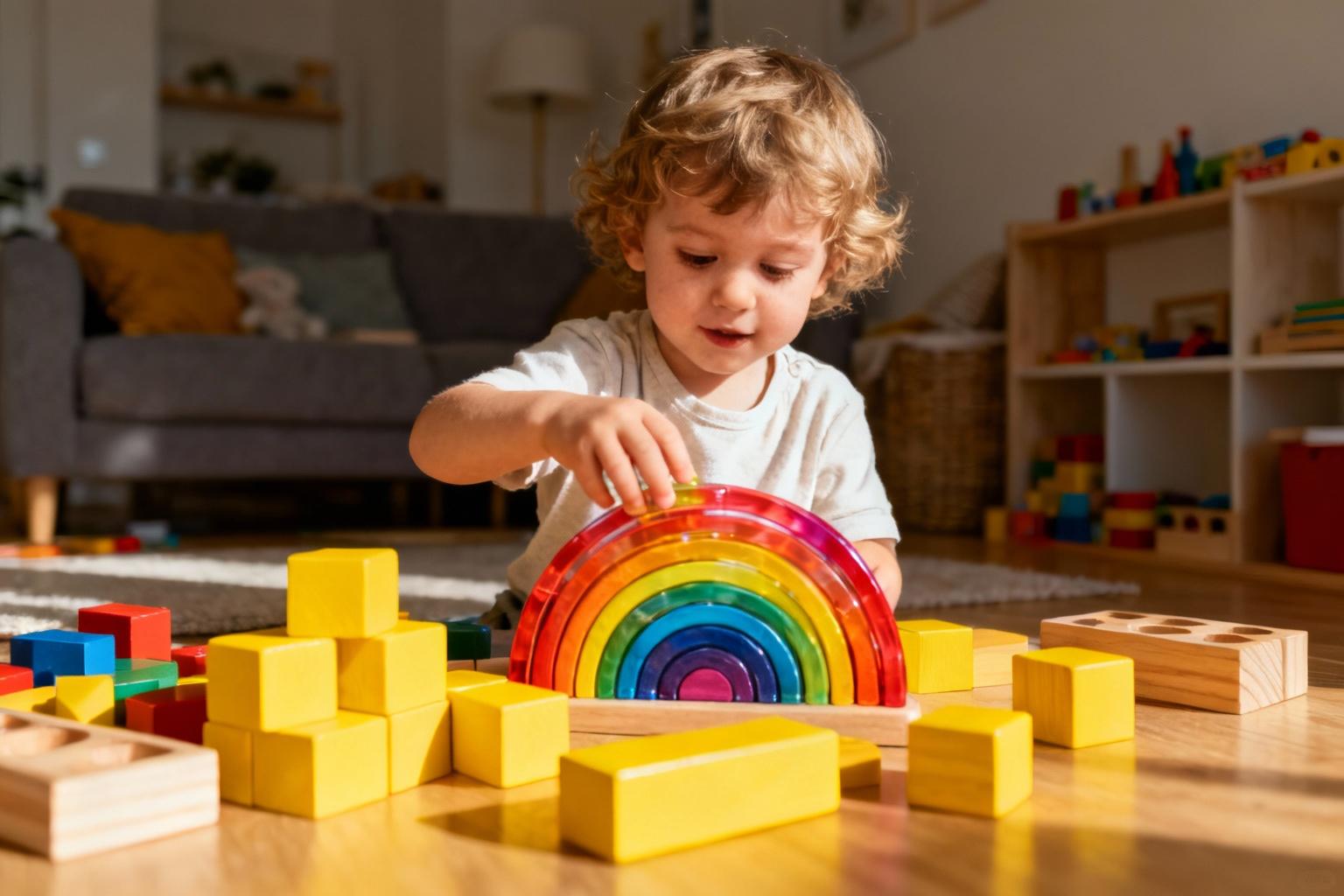 Enfant de 3 ans concentré jouant avec des anneaux colorés Montessori sur un tapis avec des cubes en bois