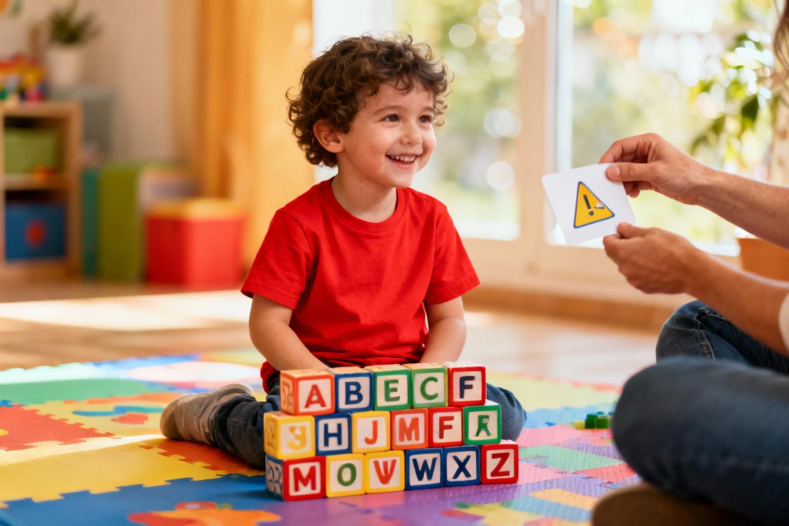 Enfant de 3 ans en t-shirt rouge jouant avec des blocs alphabet colorés sous la supervision d'un parent