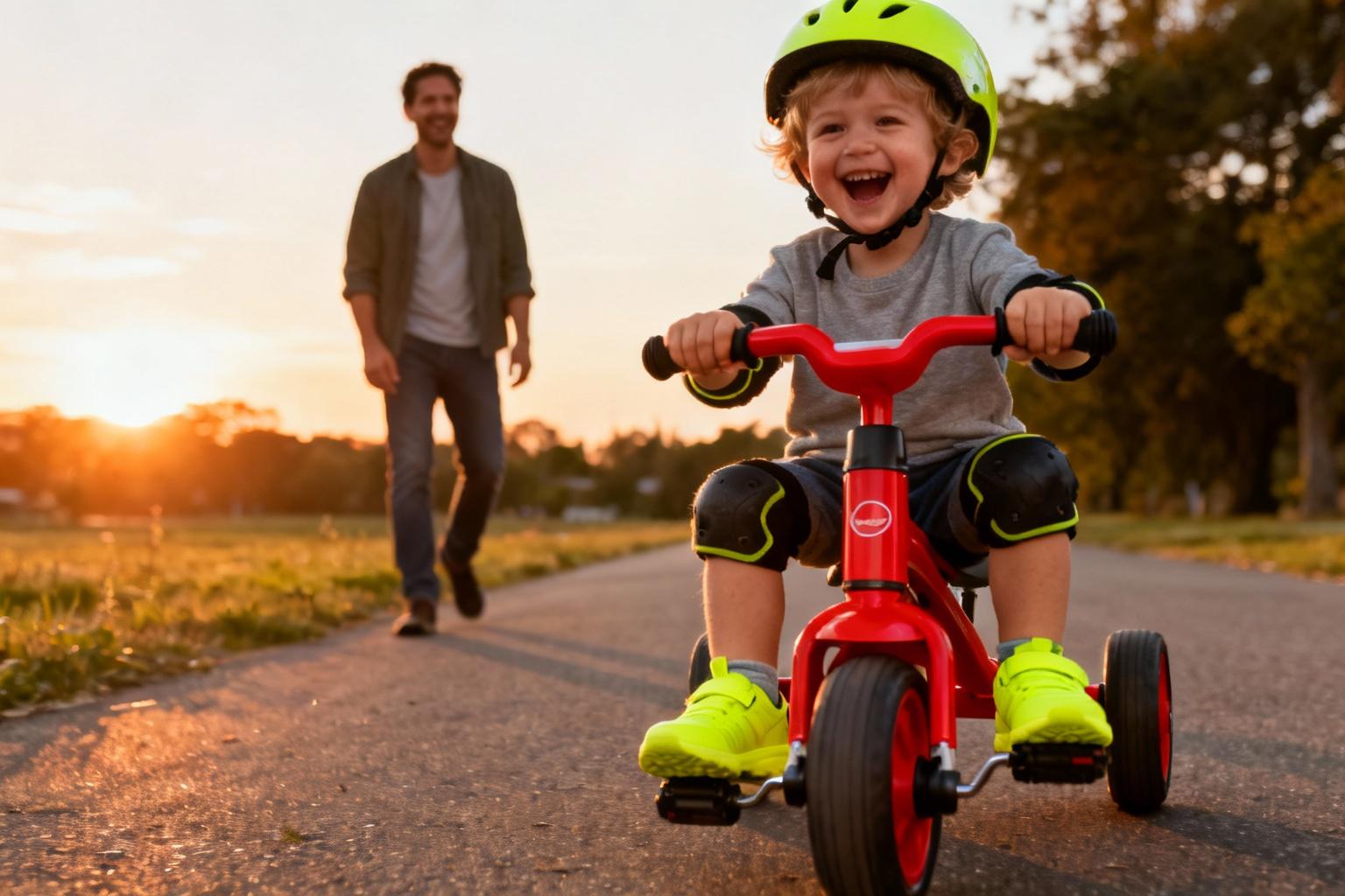 Enfant de 3 ans portant un casque jaune vif roule sur une trottinette rouge à trois roues en souriant