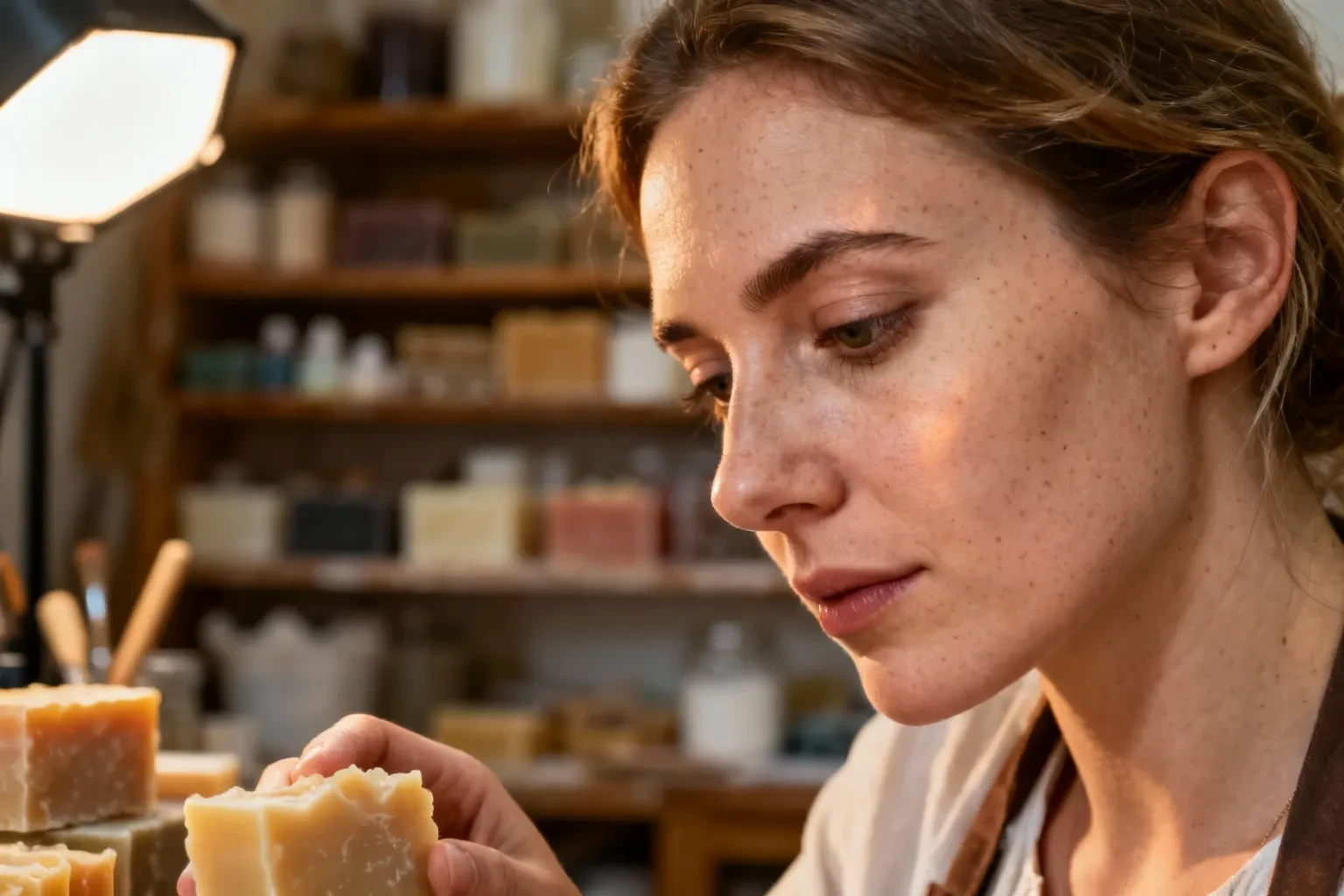 Femme européenne préparant du savon fait main dans un atelier lumineux avec des ingrédients naturels