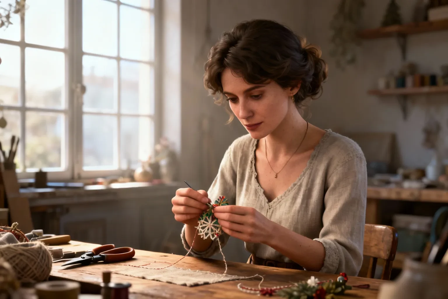 Femme artisan française réalisant une décoration maison dans un atelier chaleureux éclairé par la lumière naturelle