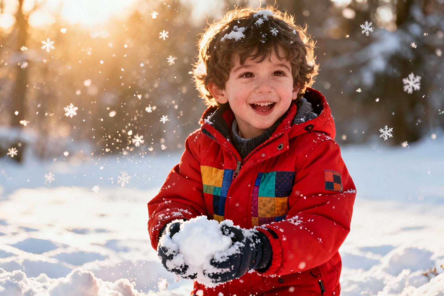 Jeune garçon de 3 ans porte une doudoune rouge patchwork et joue dans la neige avec des flocons ensoleillés