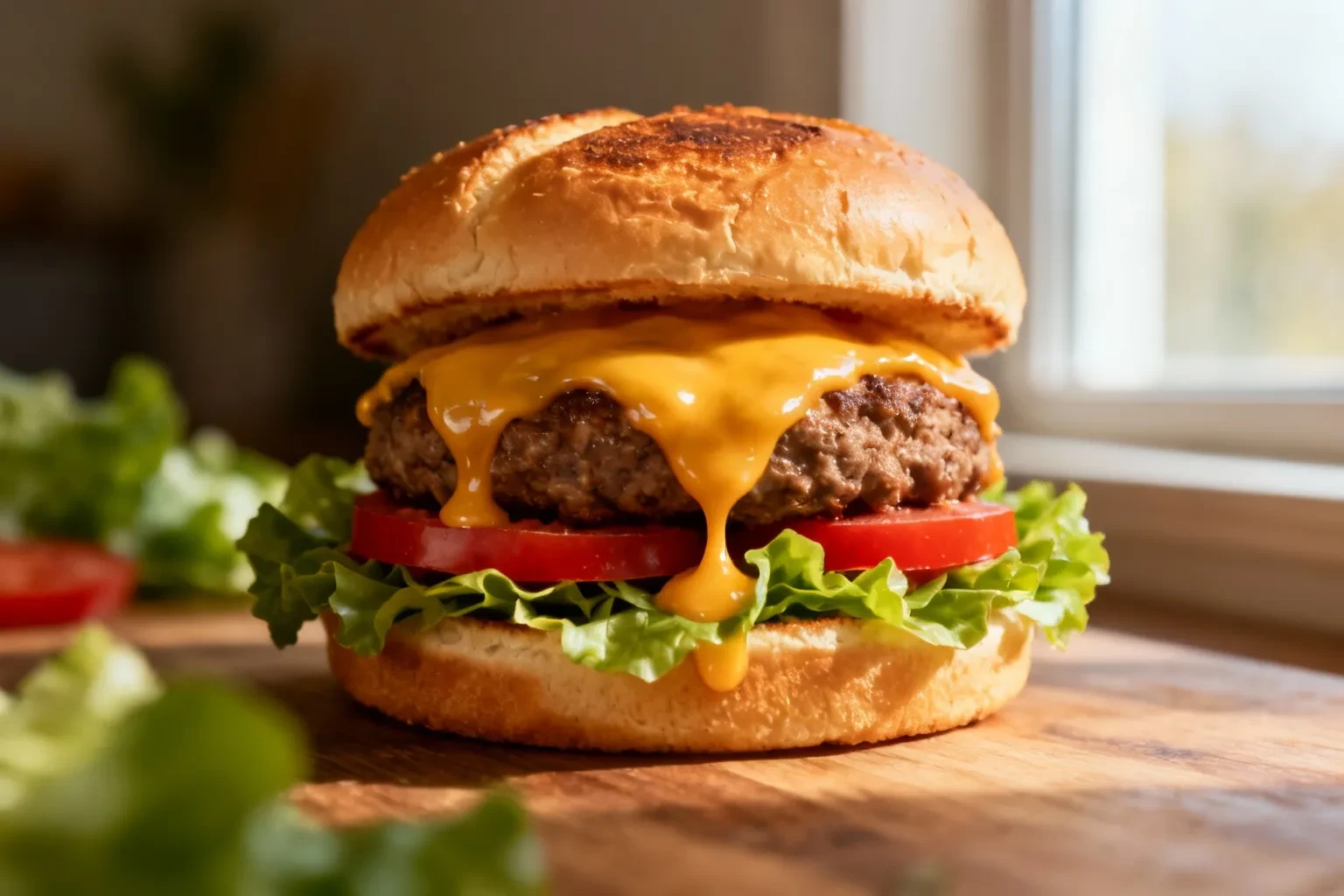 Hamburger fait maison avec fromage coulant, pain légèrement grillé, feuilles de salade fraîche et tranches de tomate