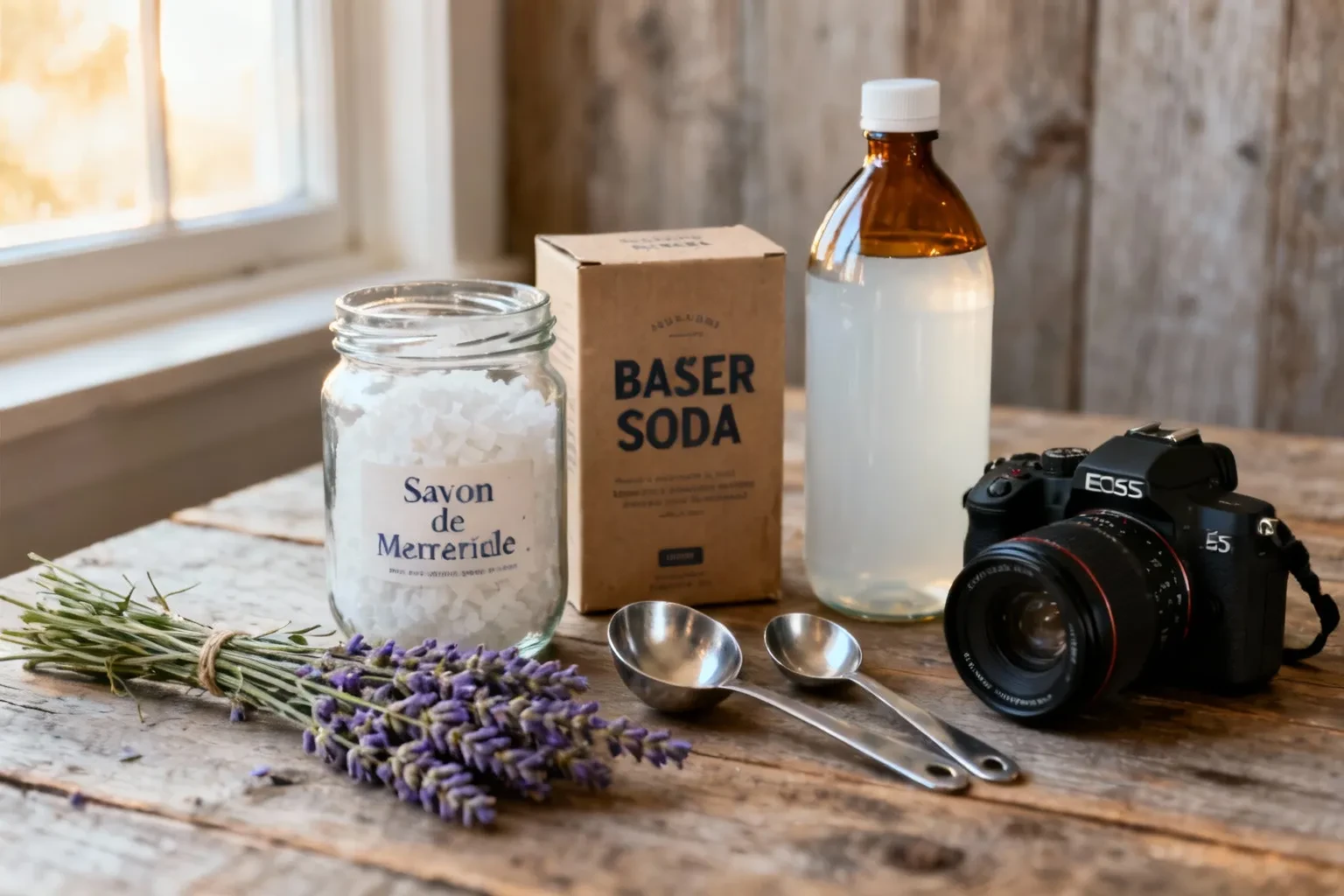 Savon de Marseille, bicarbonate de soude, vinaigre blanc et lavande fraîche organisés pour préparer une lessive maison