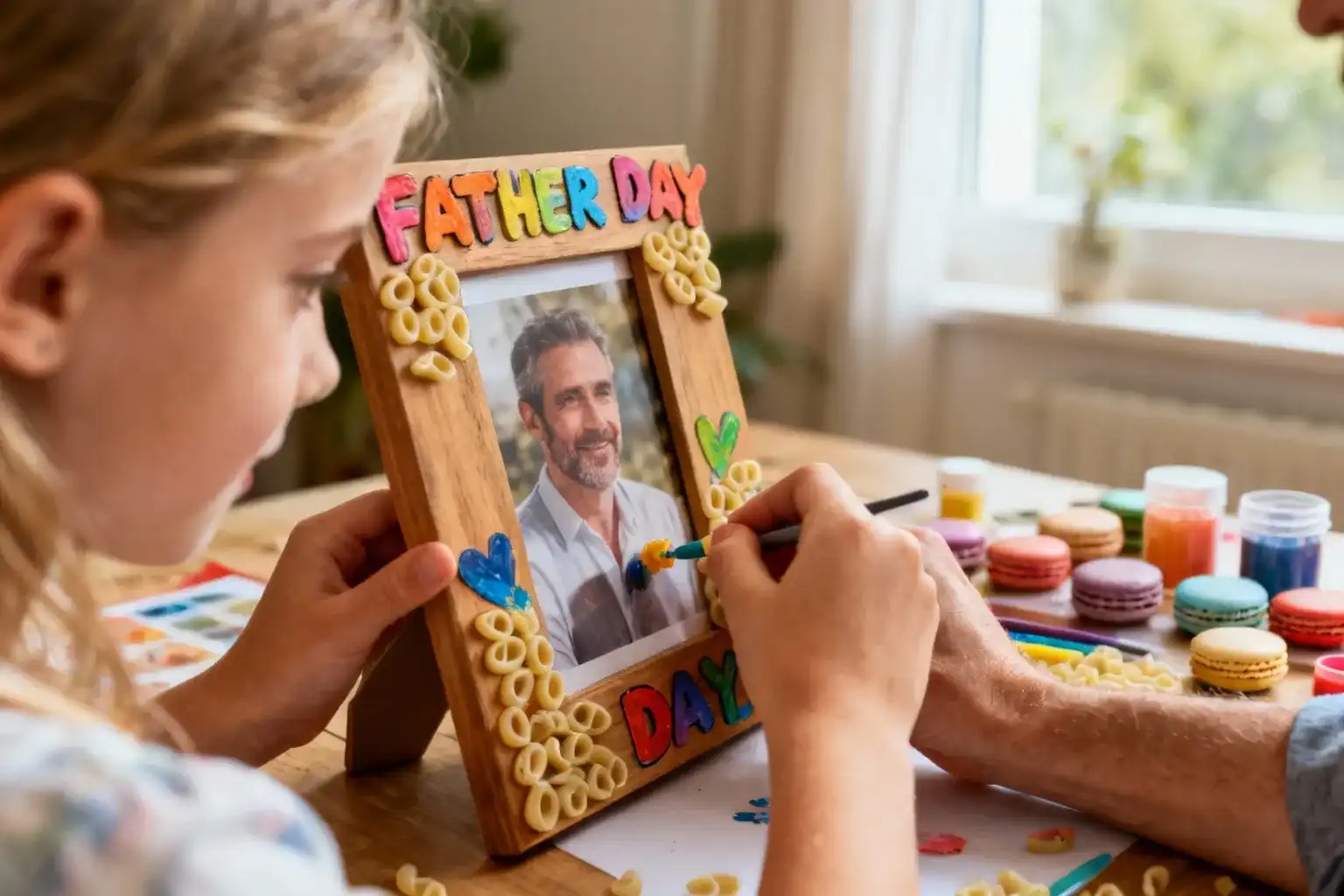 Jeune fille décorant un cadre photo en bois avec des pâtes macaroni peintes pour la fête des pères