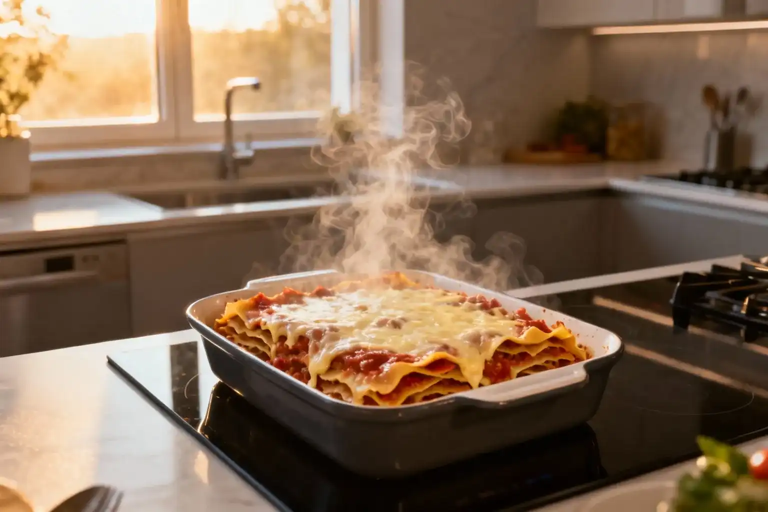 Lasagne maison dans un plat en verre en train de décongeler, avec de la vapeur s'échappant dans une cuisine moderne