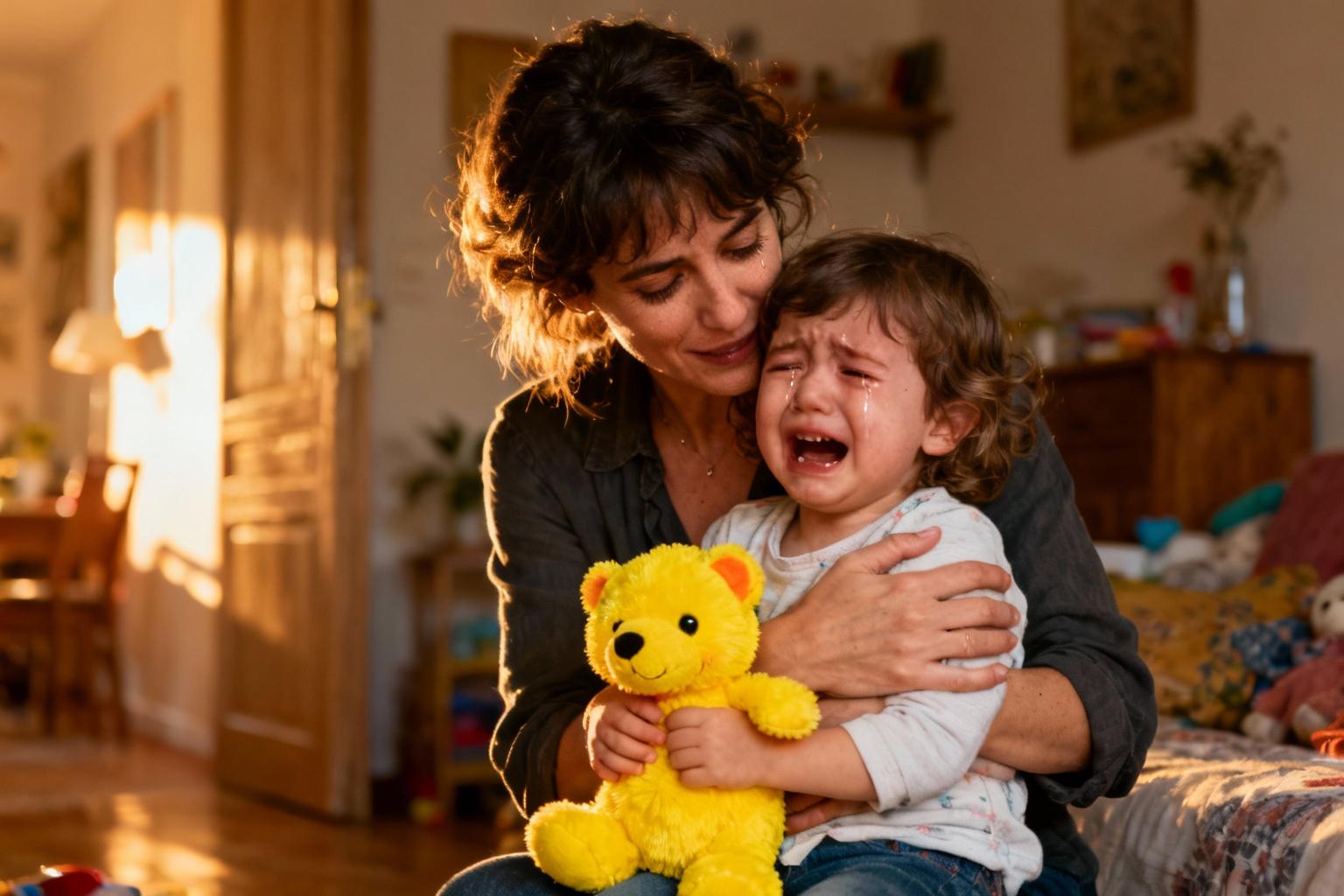 Mère réconfortant son enfant de 3 ans en pleurs avec une étreinte chaleureuse, tenant un animal en peluche jaune vif