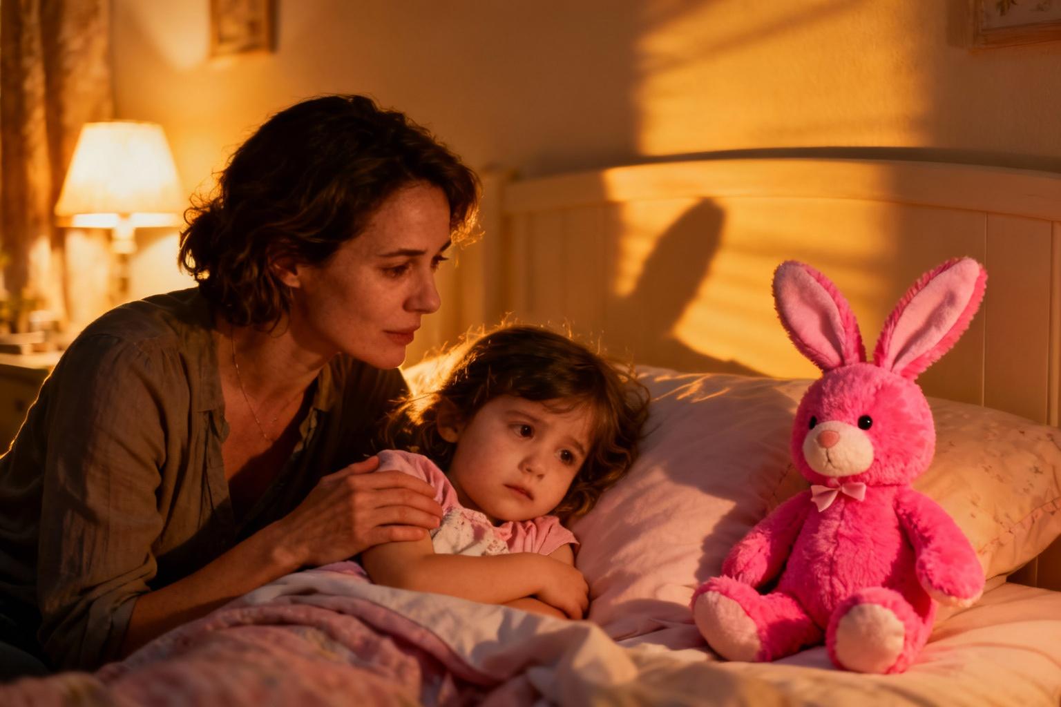 Mère française réconfortant sa fille de 3 ans tenant un lapin en peluche rose après un cauchemar dans une chambre éclairée doucement
