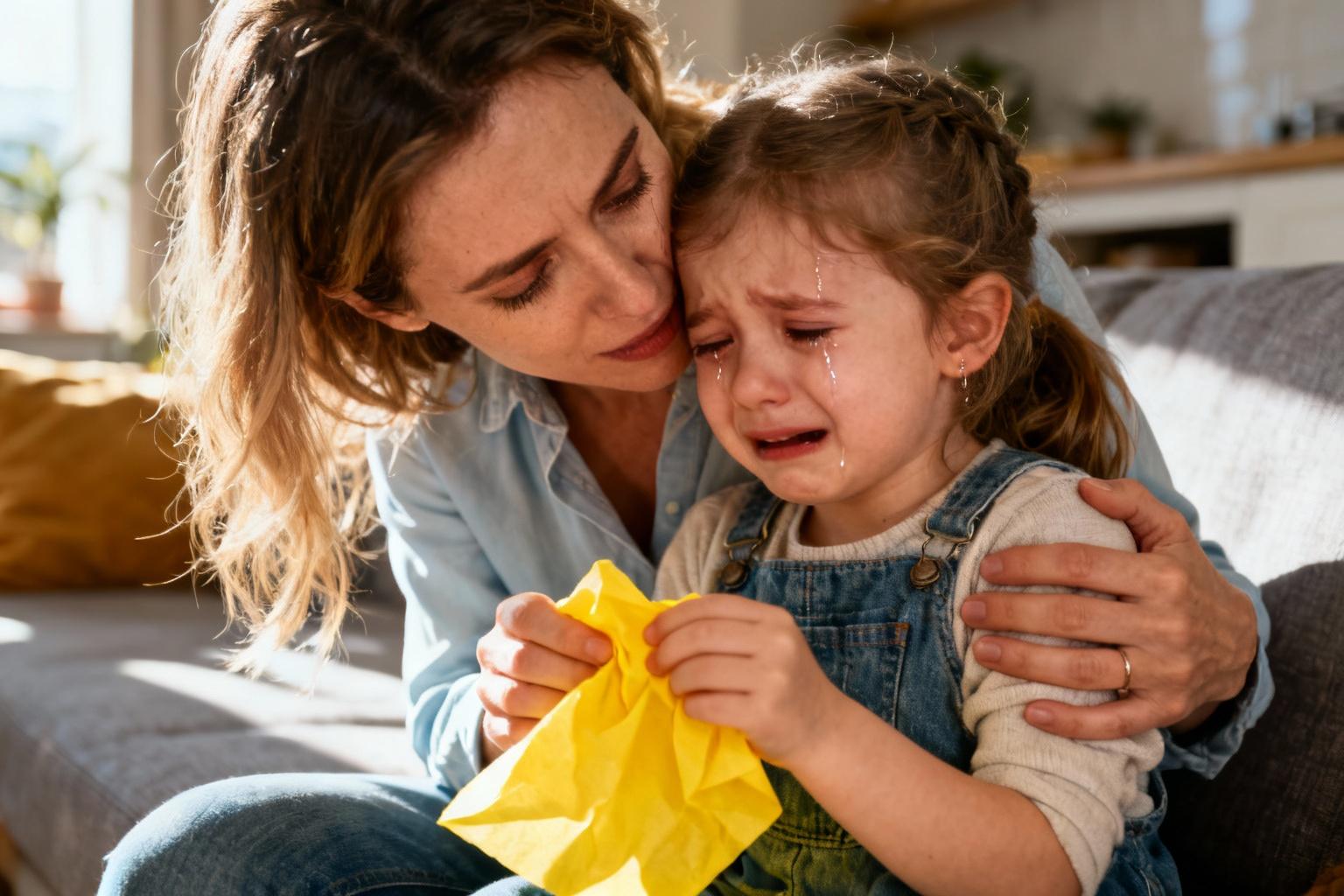 Mère serrant tendrement sa petite fille de 3 ans en pleurs, tenant un mouchoir jaune dans un intérieur chaleureux