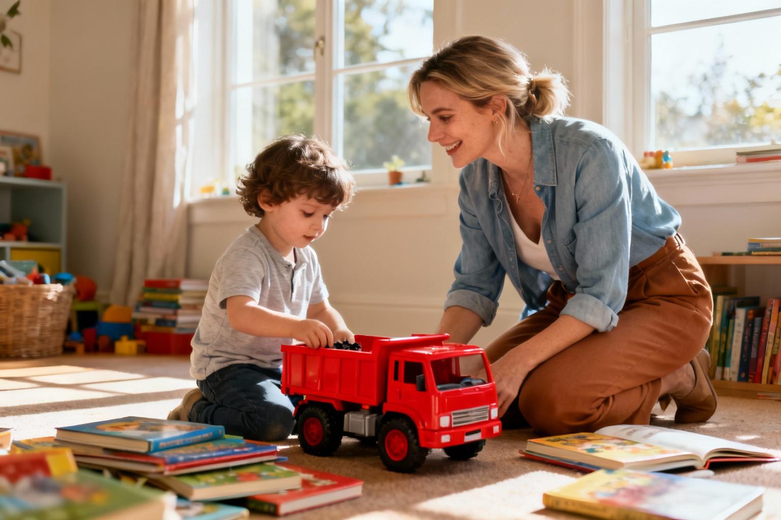 Jeune mère européenne accompagnant son enfant de 3 ans dans un jeu éducatif avec des livres et un camion rouge