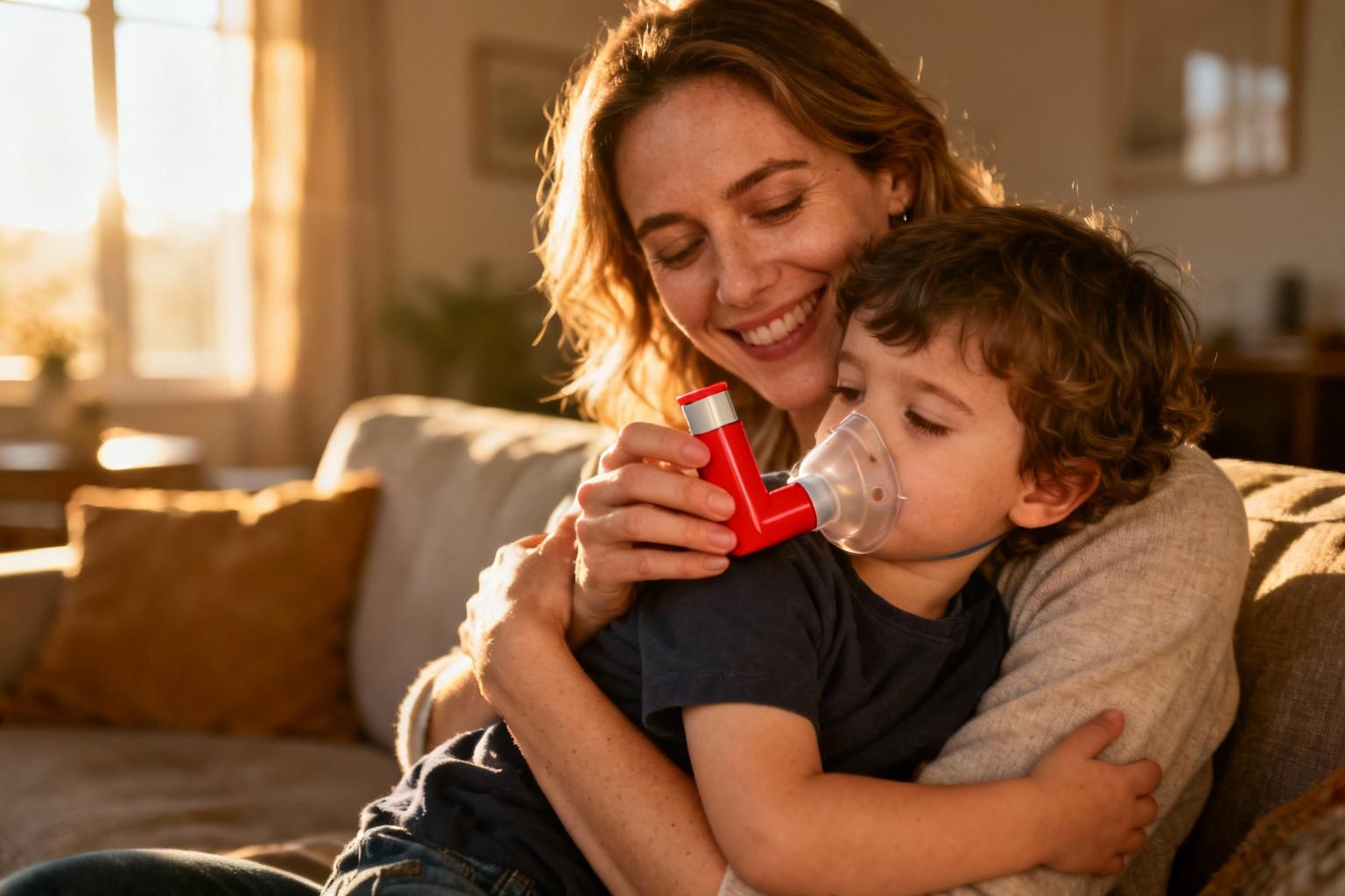 Jeune mère souriante serrant tendrement son enfant de 3 ans asthmatique qui tient un inhaler rouge dans un salon ensoleillé