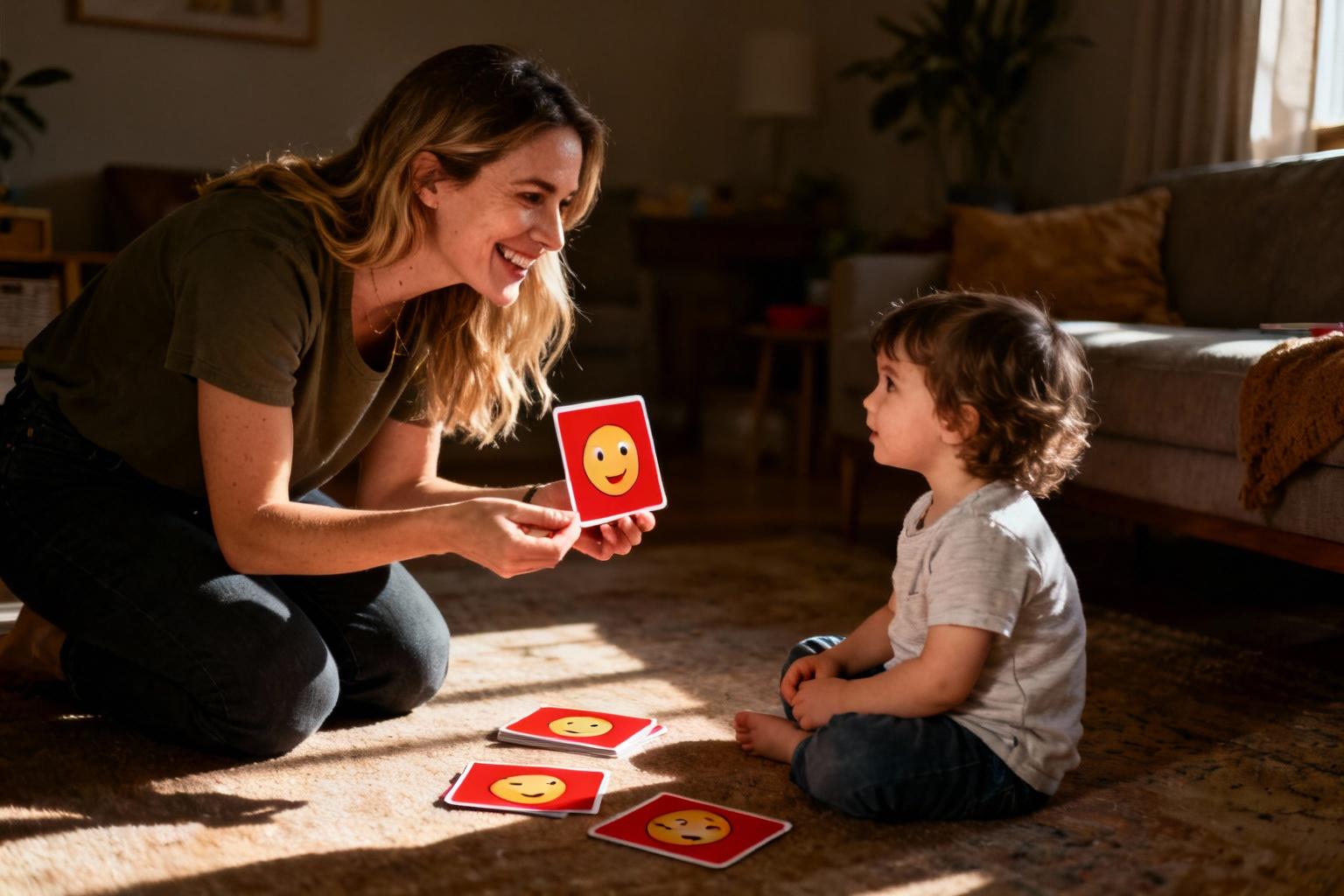 Mère et enfant assis par terre avec des cartes d'émotions rouges, moment tendre d'explication