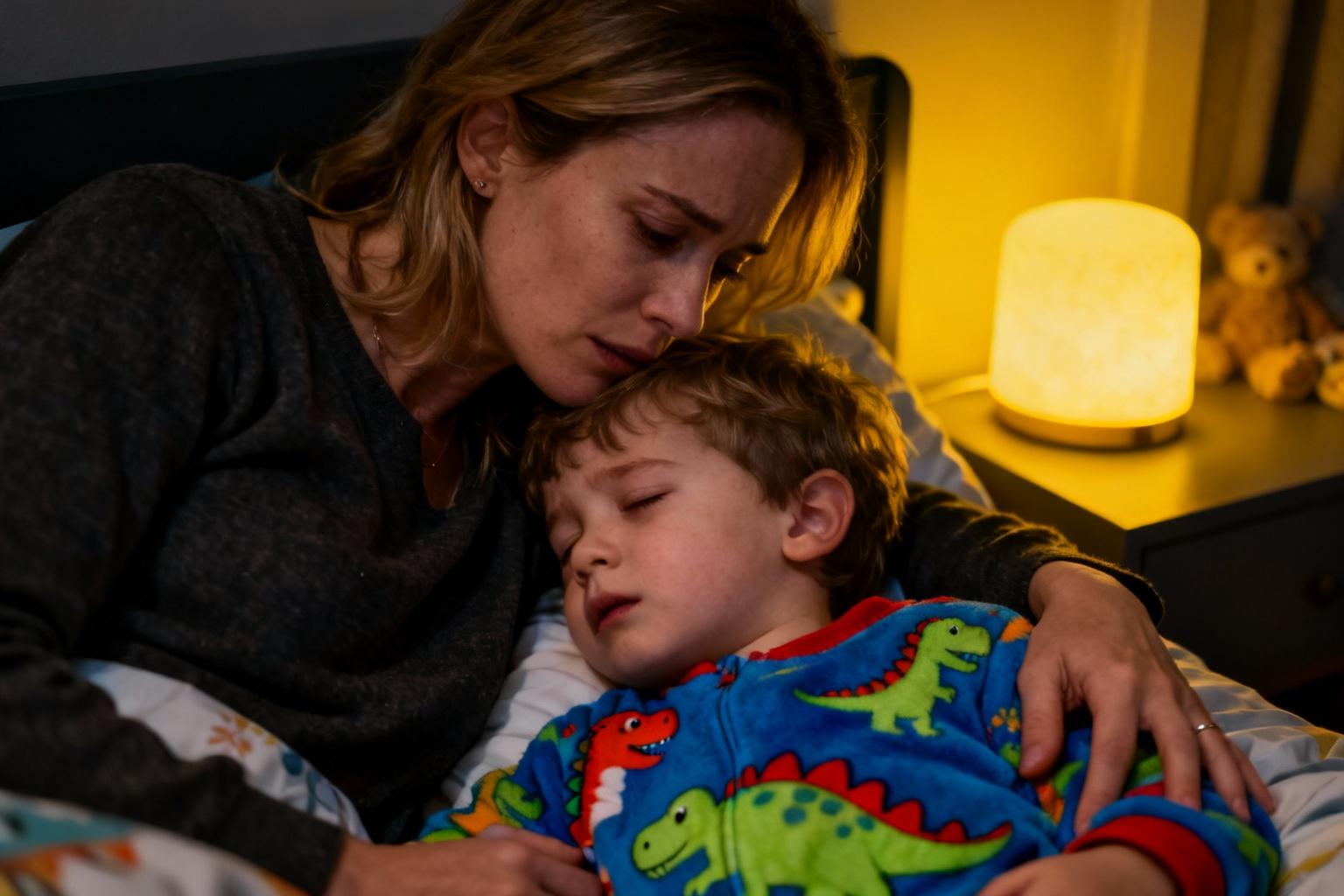 Une mère et son enfant de 3 ans en pyjama dinosaure sous la lumière chaude d'une veilleuse jaune