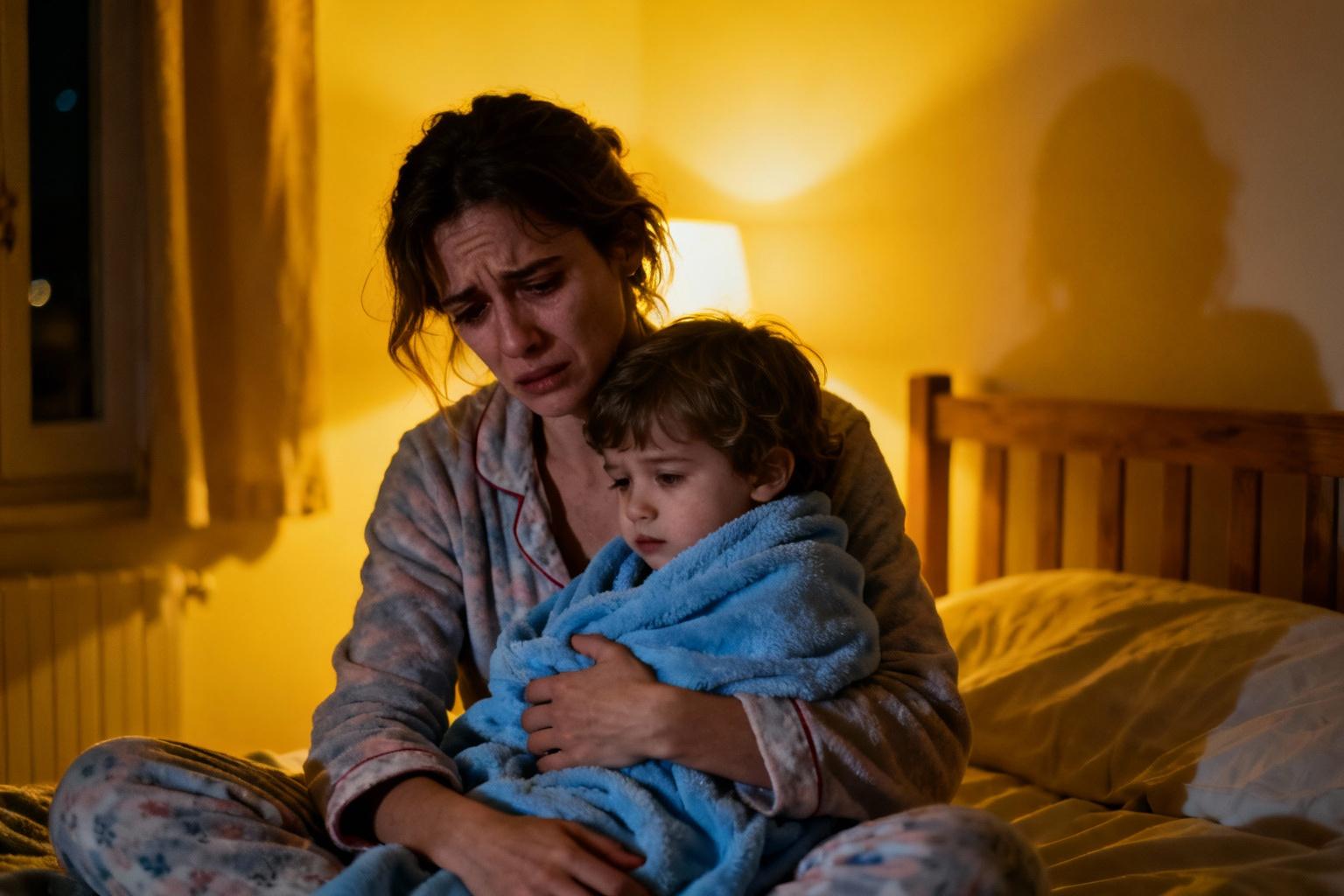 Jeune mère fatiguée tenant son enfant de 3 ans qui ne veut pas dormir, éclairée par une lumière jaune chaude