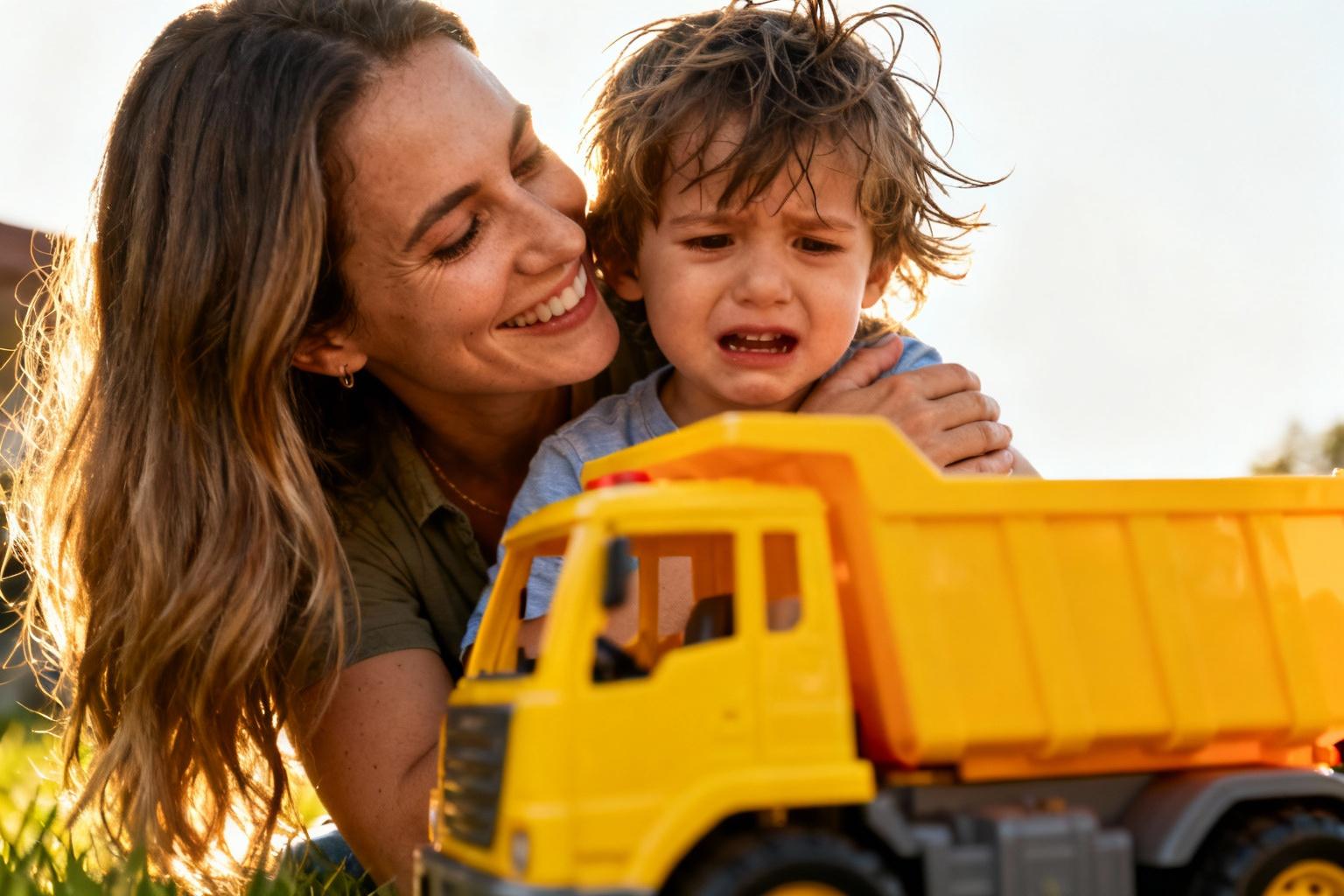 Jeune mère souriante enlacant son enfant de 3 ans avec une petite voiture jaune devant eux