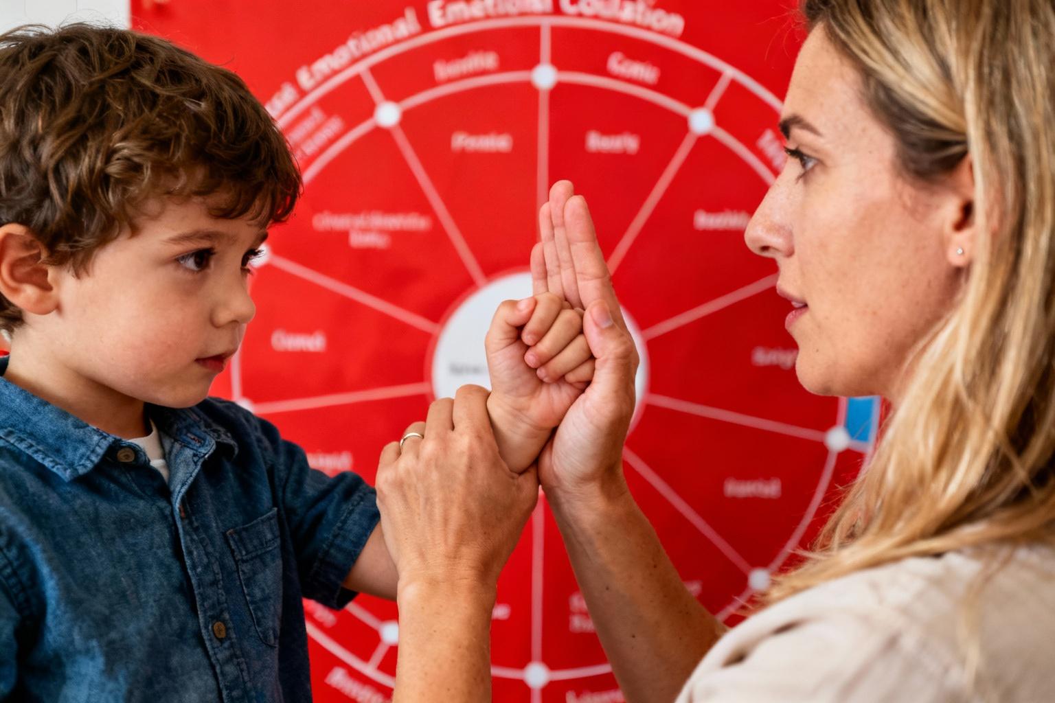 Mère tenant doucement les mains de son enfant de 3 ans devant un tableau de régulation émotionnelle rouge vif