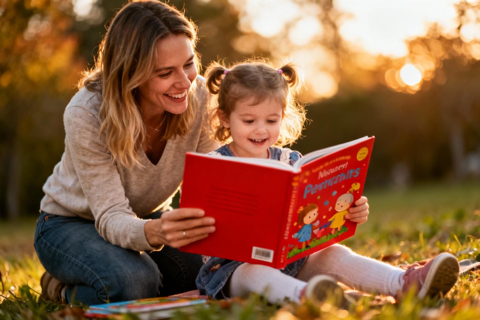 Mère souriante et sa fille de 3 ans lisant un livre rouge vif ensemble pendant l'heure dorée