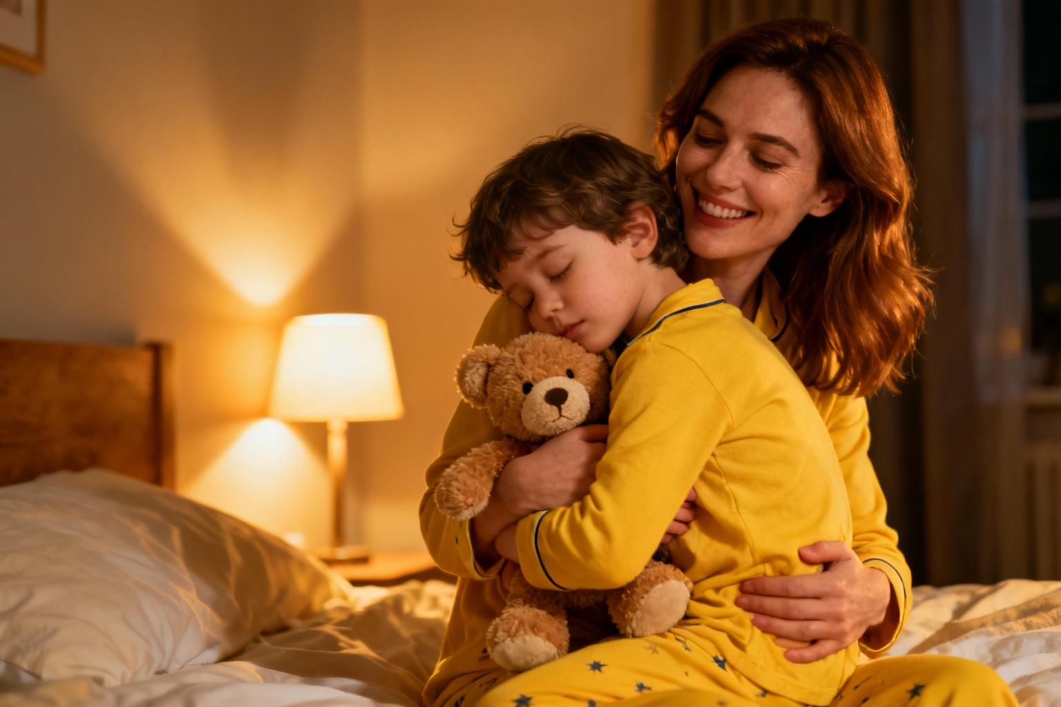 Une mère souriante porte son enfant en pyjama jaune vers le lit, l'enfant tient un ours en peluche et montre des signes de fatigue