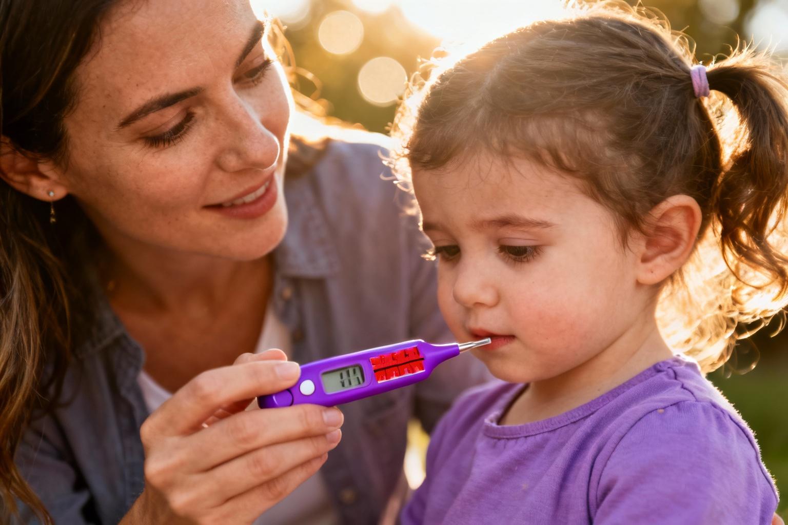 Mère attentive prenant la température de sa fille de 3 ans avec un thermomètre digital sous une lumière douce
