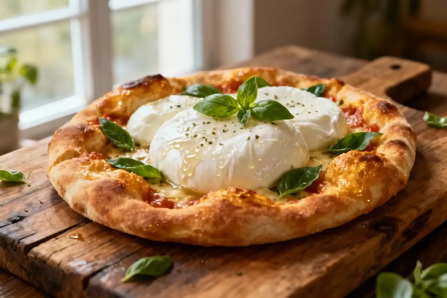 Mozzarella maison fraîche avec croûte dorée, posée sur une planche en bois avec feuilles de basilique