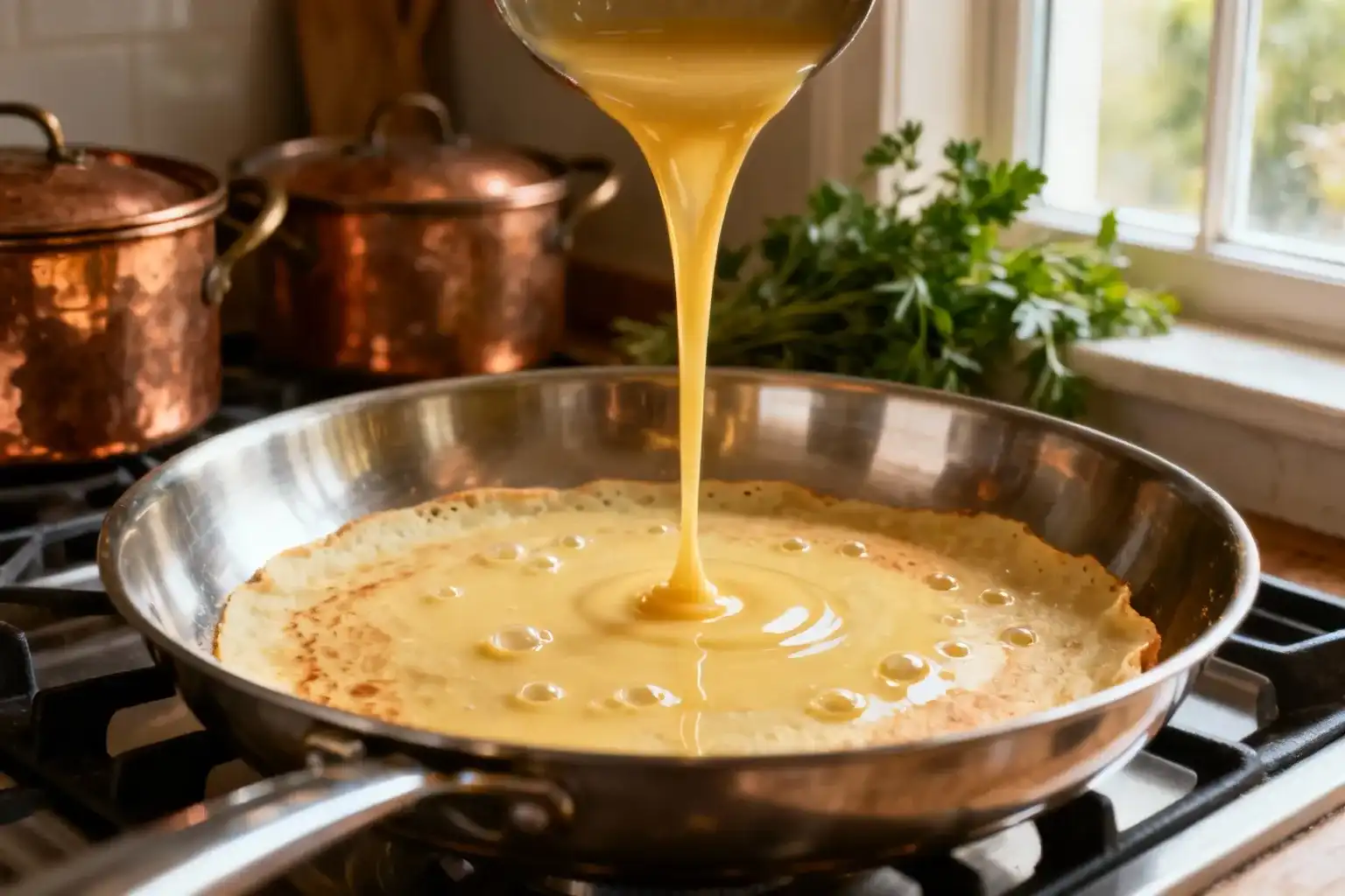 Pâte à crêpe maison dorée versée dans une poêle chaude, texture onctueuse avec bulles