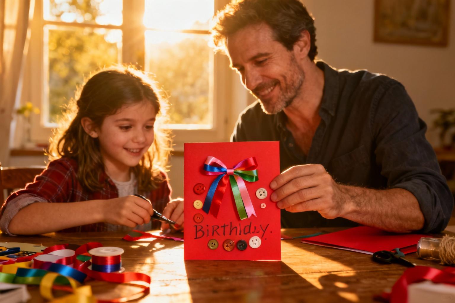 Père et fille fabriquant ensemble une carte d'anniversaire rouge vibrante avec rubans et boutons colorés sur une table en bois