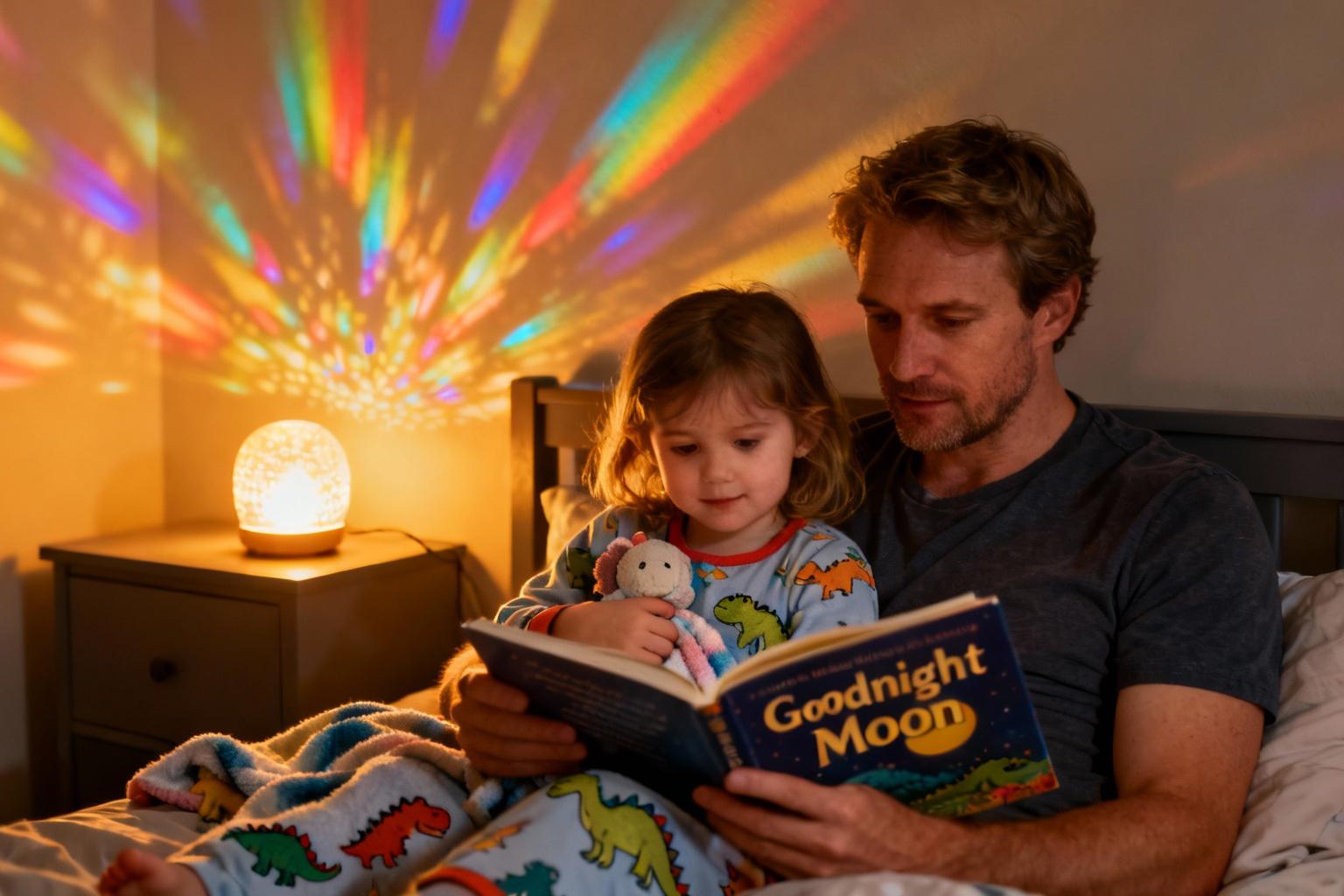 Père lisant une histoire du soir à sa fille dans une chambre éclairée par une veilleuse arc-en-ciel projetant des motifs colorés au mur
