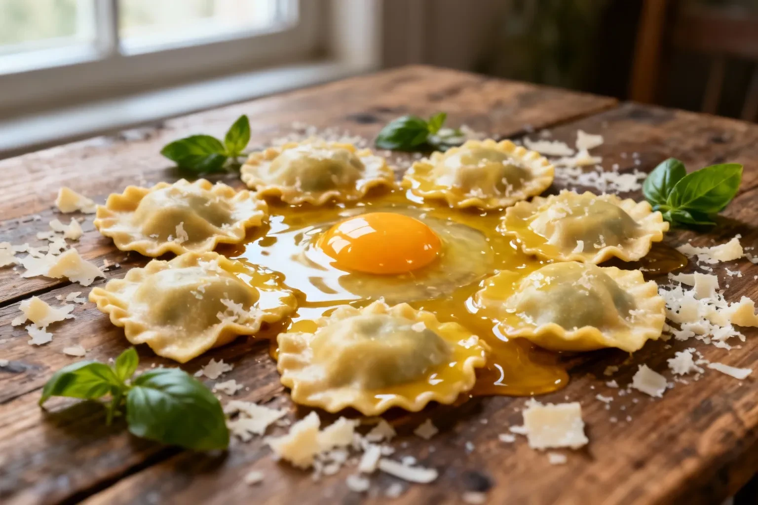Ravioli maison garnis de parmesan et basilic frais posés sur une table en bois, avec sauce dorée