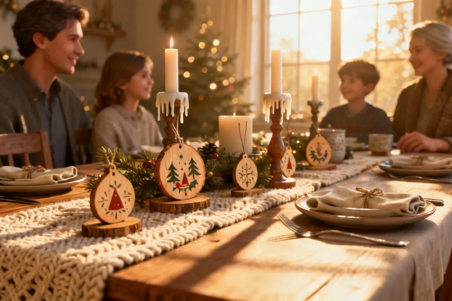 Repas de Noël en famille avec décorations faites main sur la table et ambiance chaleureuse