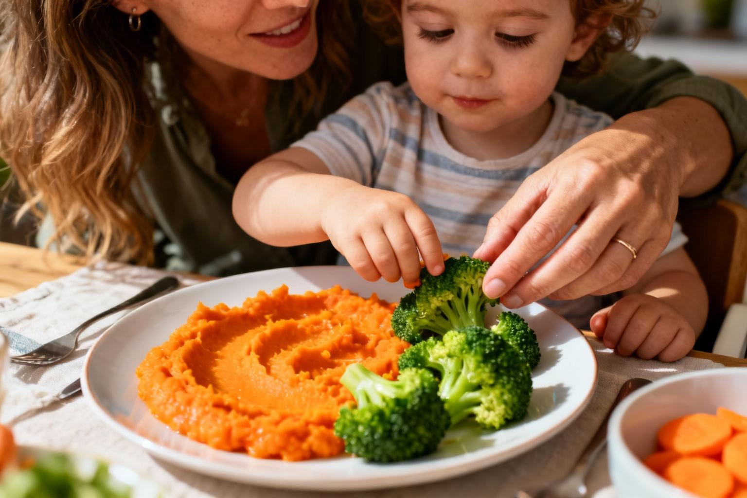 Assiette saine pour enfant avec purée de carotte orange et brocolis verts, une main adulte guide l'enfant