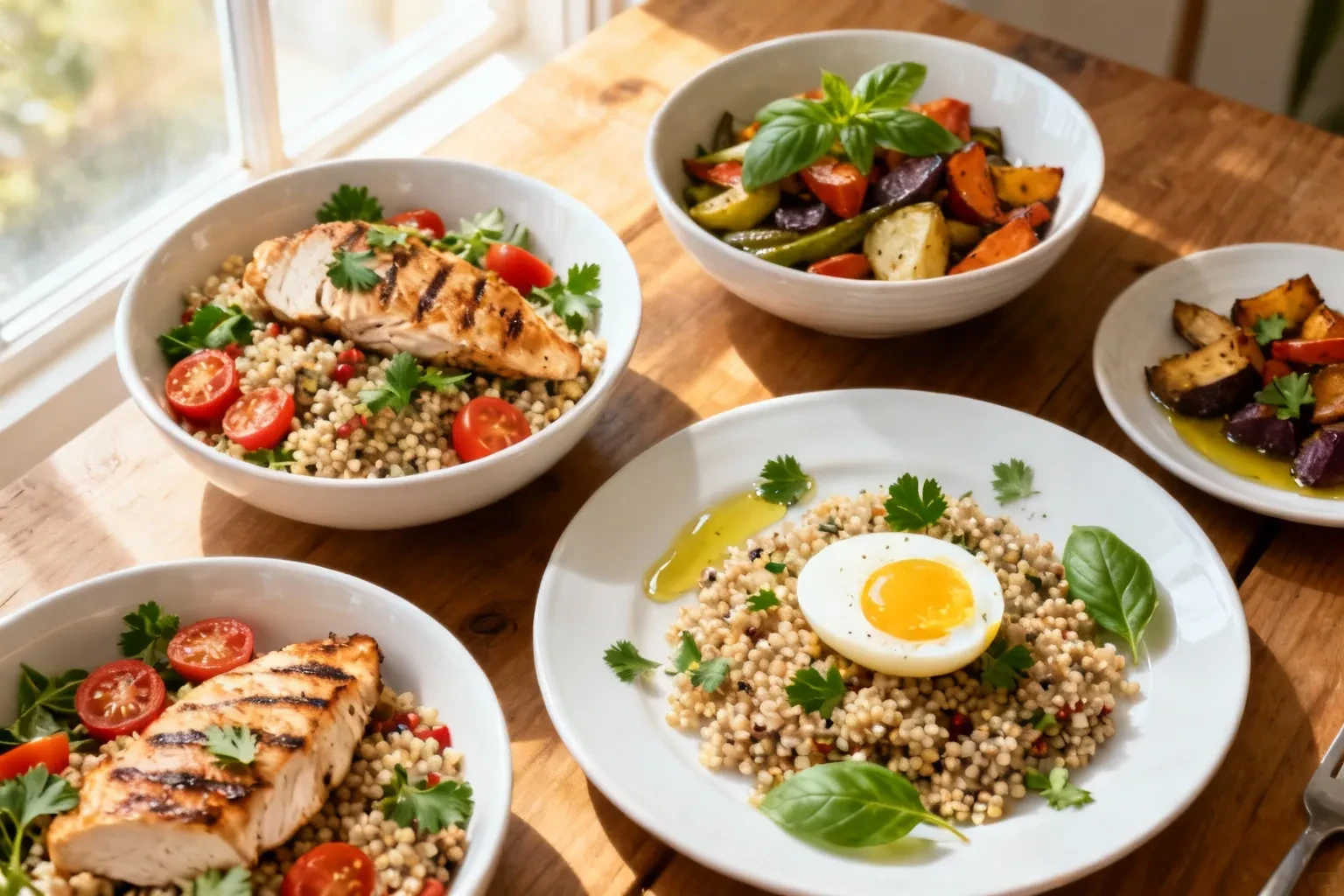 Assortiment de plats équilibrés préparés pour la semaine, présentés dans des bols en céramique sur table en bois