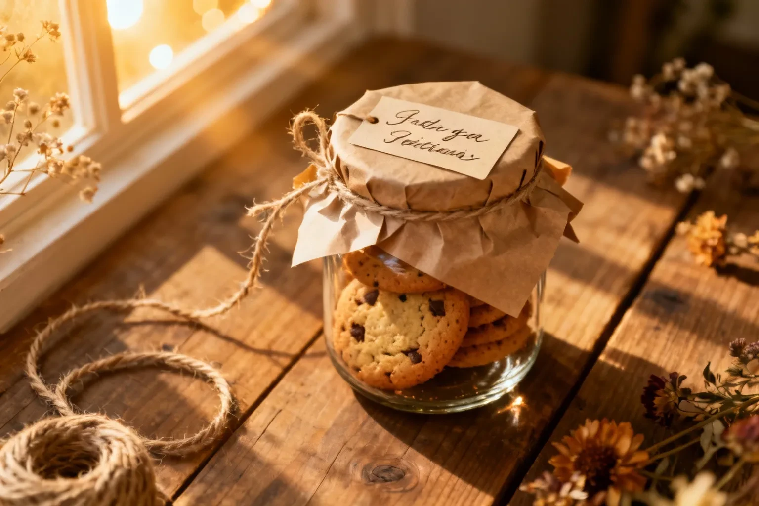 Jar en verre rempli de cookies faits maison avec étiquette personnalisée, posé sur une table en bois avec décoration naturelle