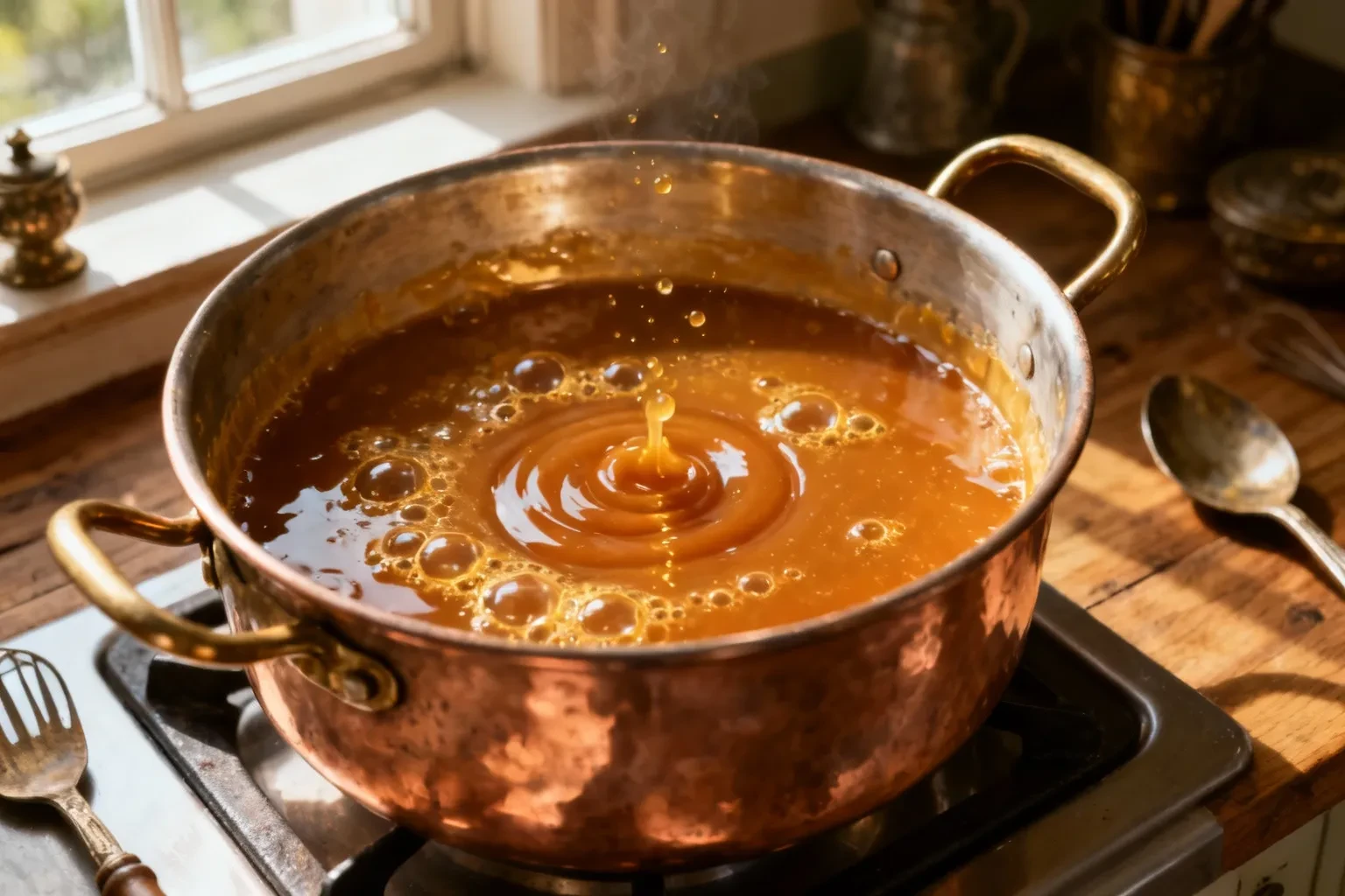 Caramel liquide doré mijotant dans une casserole en cuivre français, vue en plongée avec bulles brillantes