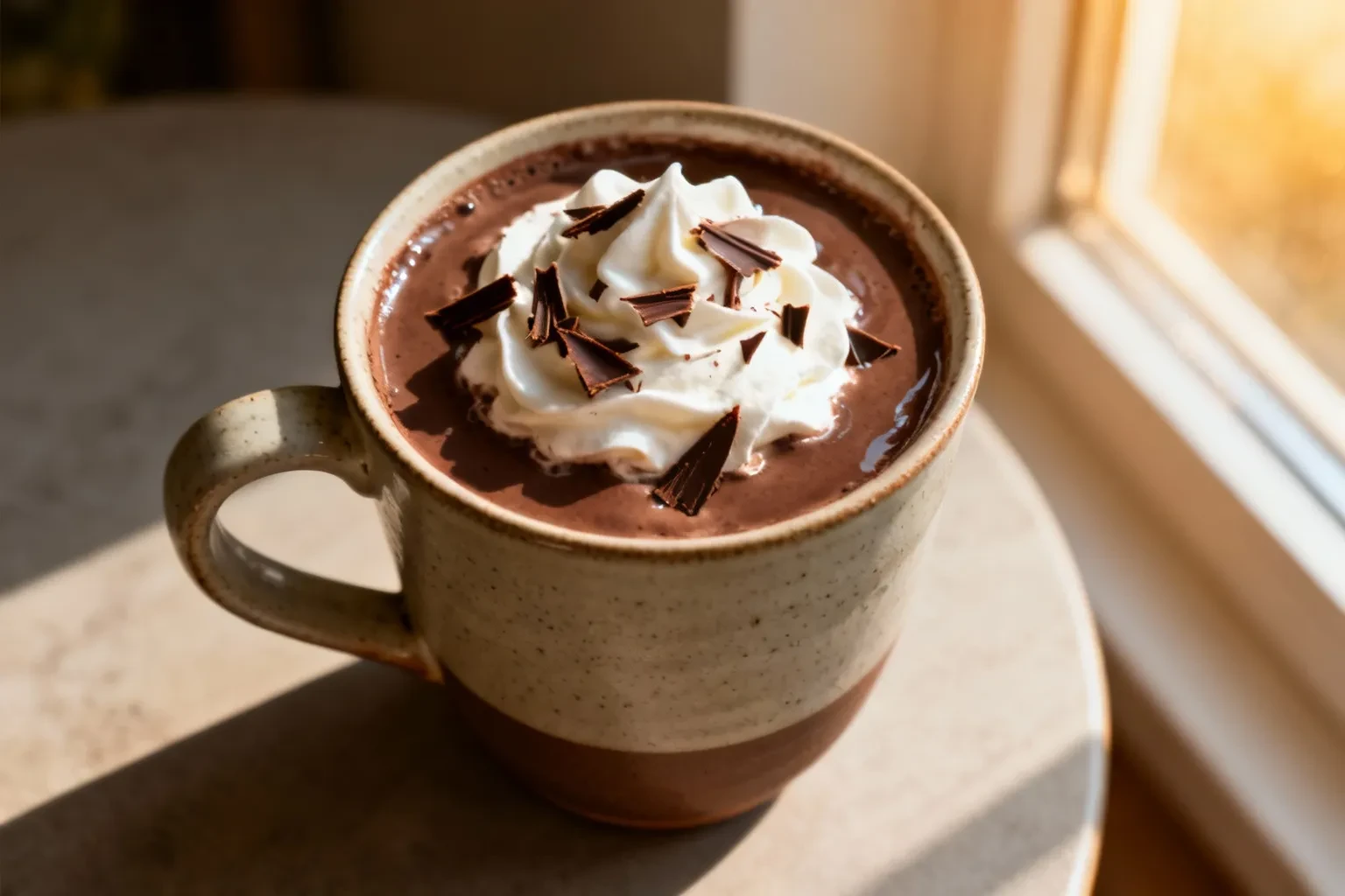 Chocolat chaud crémeux dans une tasse en céramique avec chantilly et copeaux de chocolat, vue aérienne