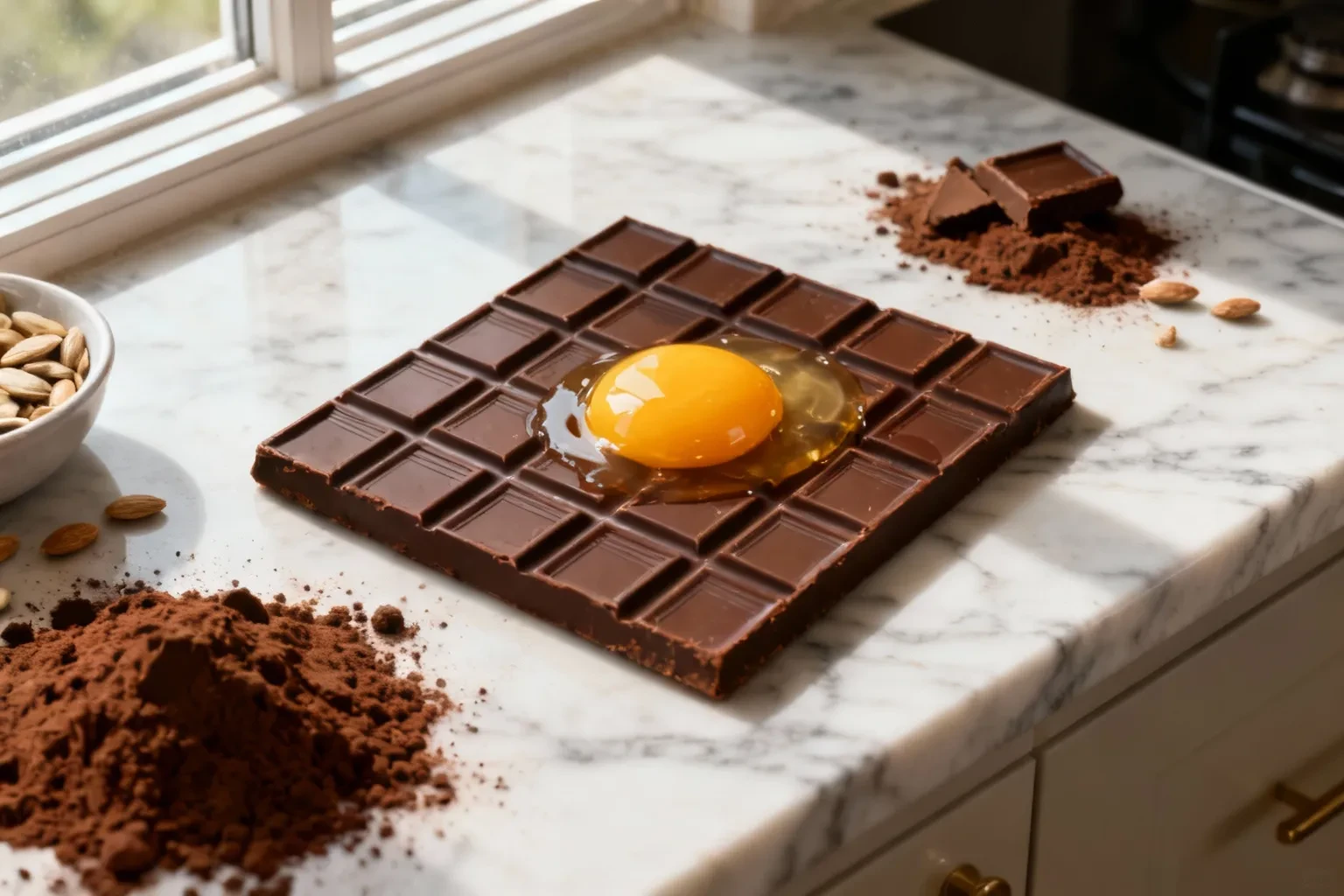 Tablettes de chocolat maison avec poudre de cacao et ingrédients disposés sur un plan de travail en marbre