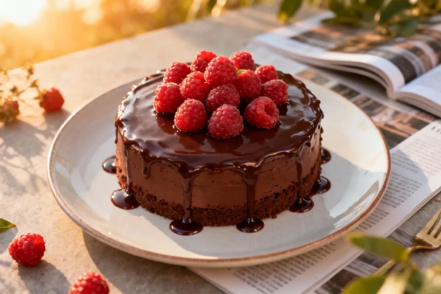 Gâteau au chocolat fait maison recouvert de ganache brillante et décoré de framboises fraîches