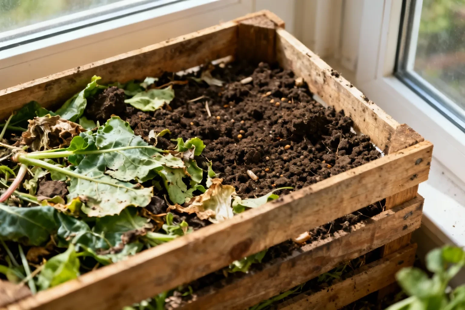Vue aérienne de compost organique maison dans caisse en bois montrant déchets végétaux en décomposition
