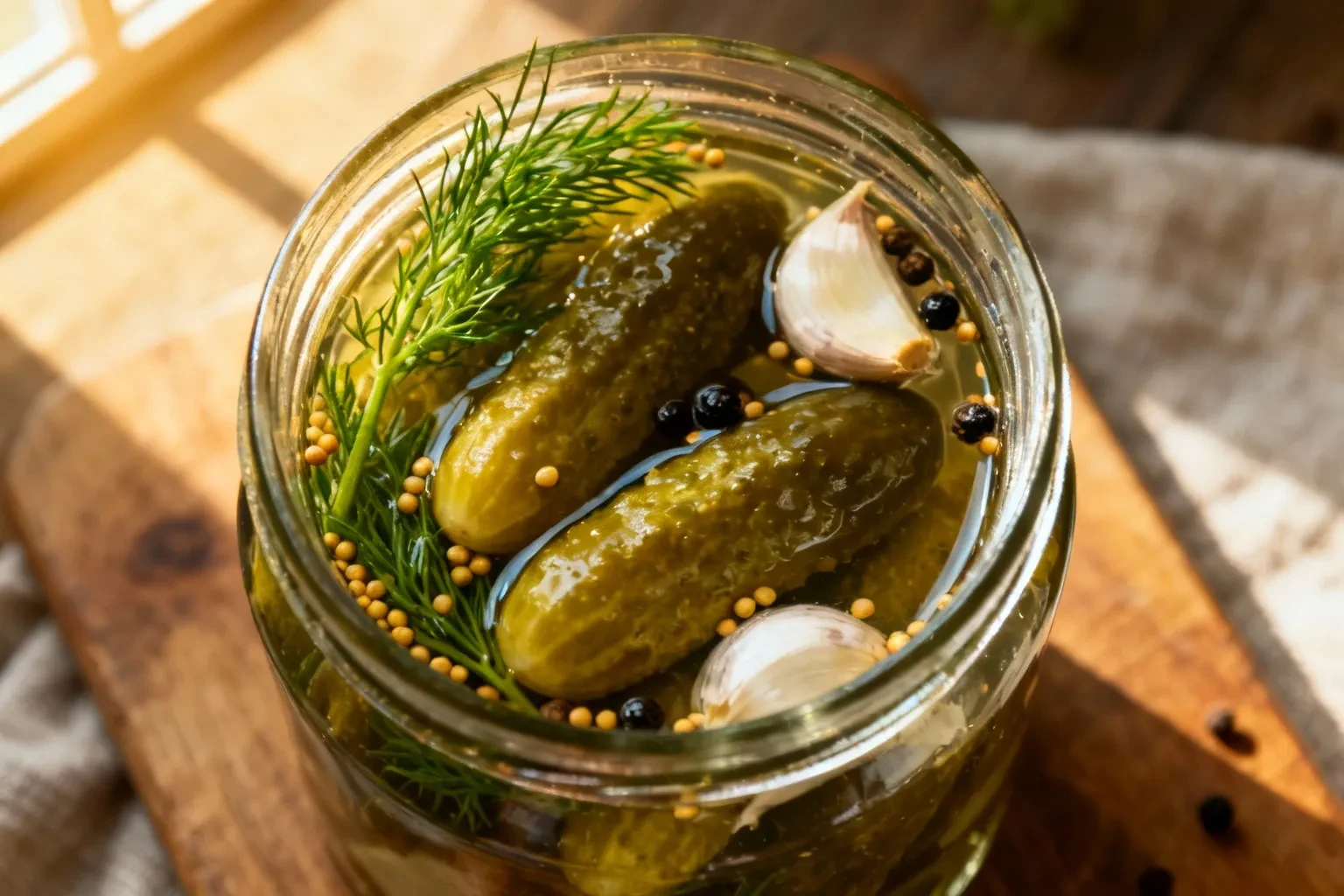 Bocal de cornichons faits maison avec herbes fraîches et épices visibles dans la saumure, prise en plongée